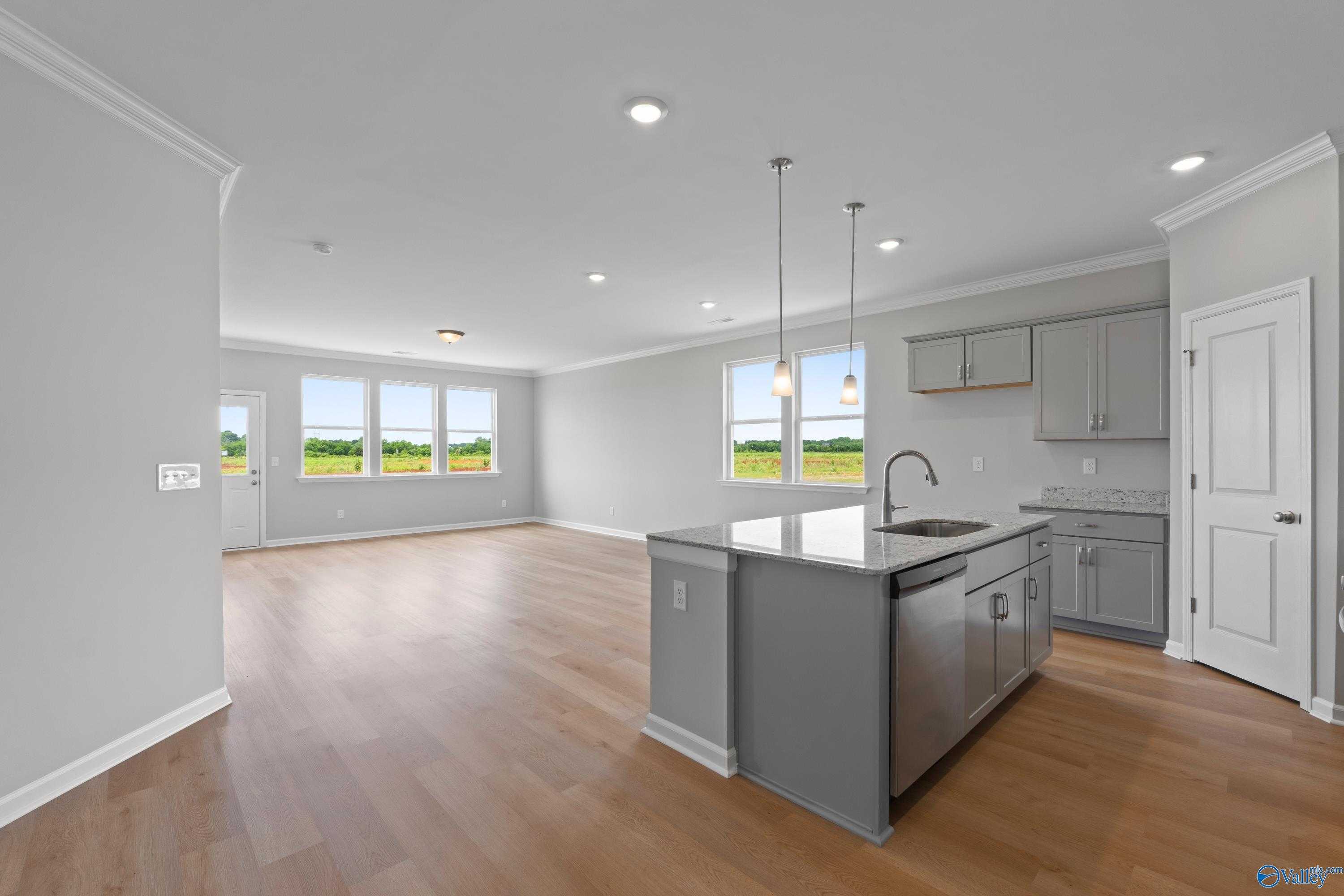 Modern open-concept kitchen featuring gray cabinets, quartz island sink, pendant lights, and scenic window views in Davidson Homes The Orion, Athens AL