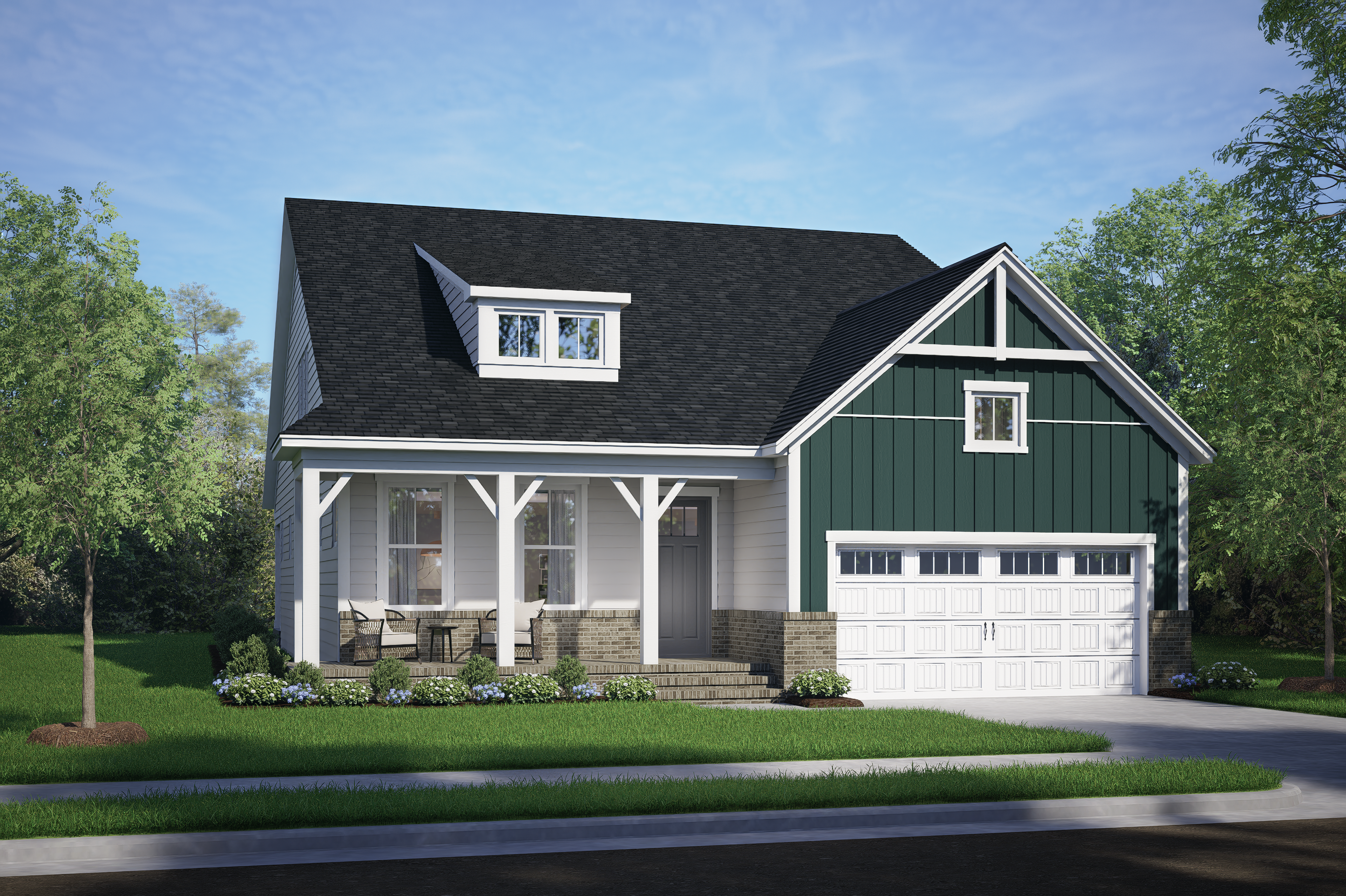 Modern craftsman exterior of The Birch II E home by Davidson Homes in Wake Forest NC with gray siding, gabled roof, covered porch, and 2-car garage