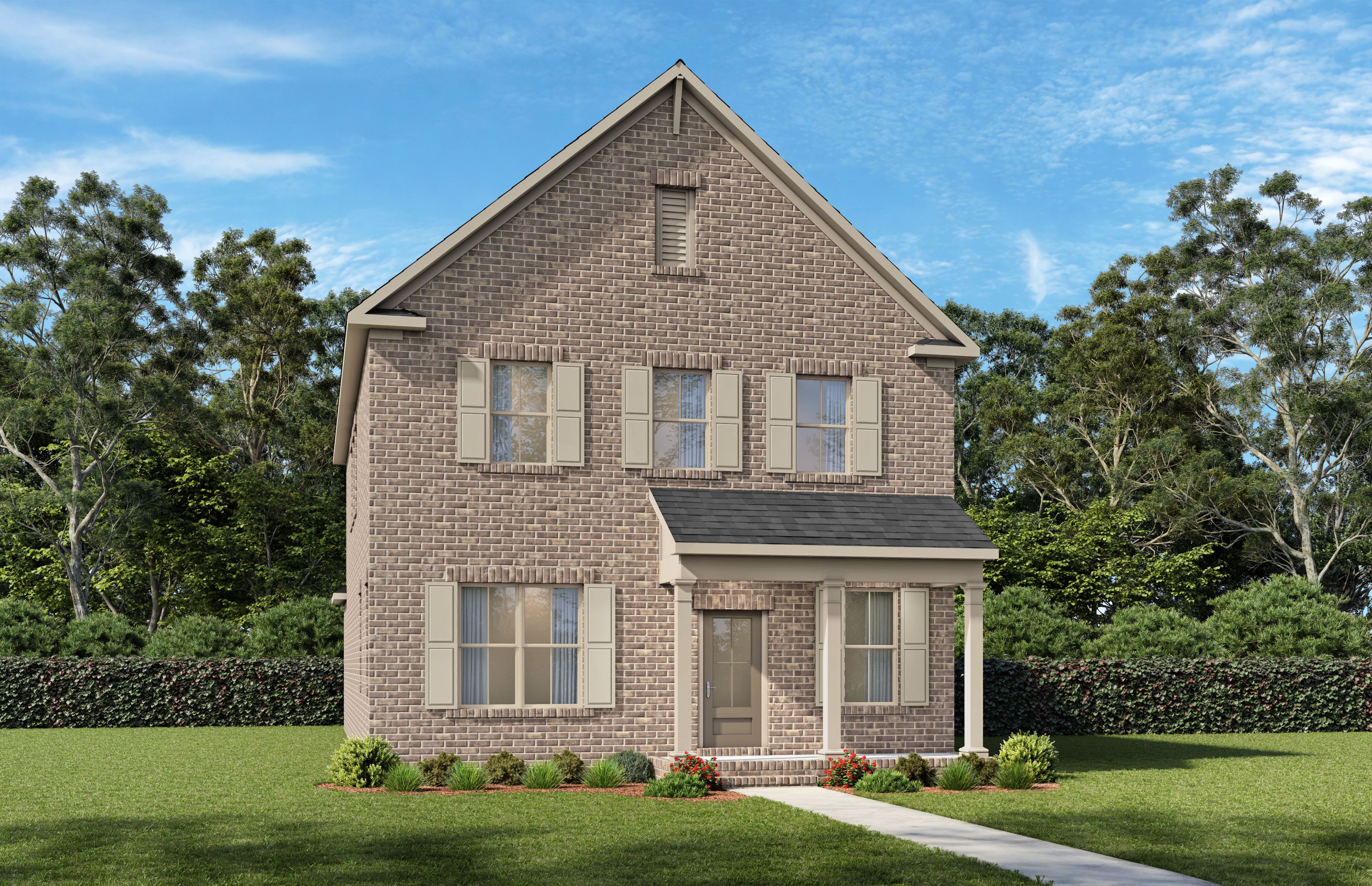 Two-story brick elevation of The Beaumont by Davidson Homes in Mt. Juliet, TN, featuring covered front porch and shuttered windows