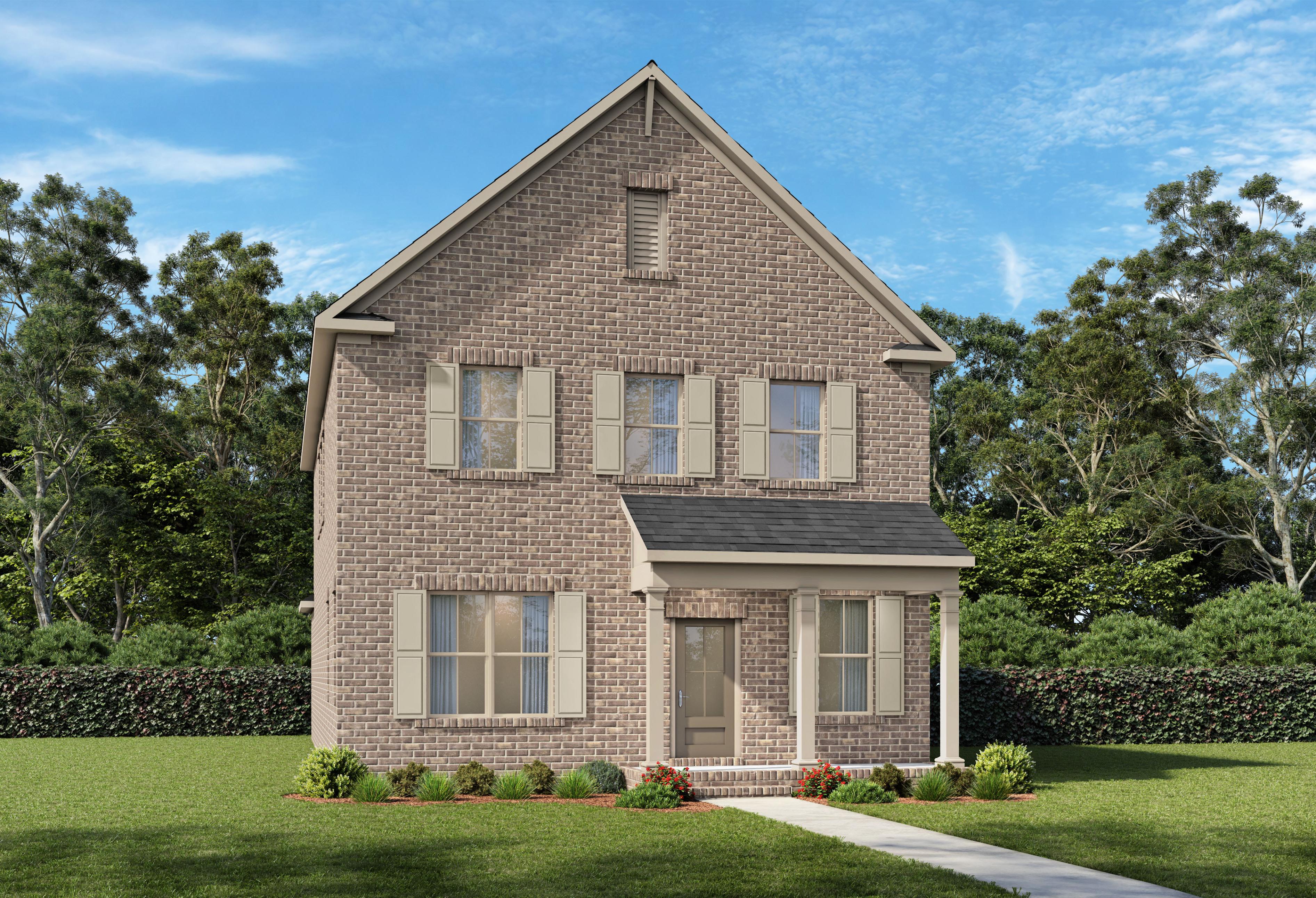Two-story brick elevation of The Beaumont by Davidson Homes in Mt. Juliet, TN, featuring covered front porch and shuttered windows