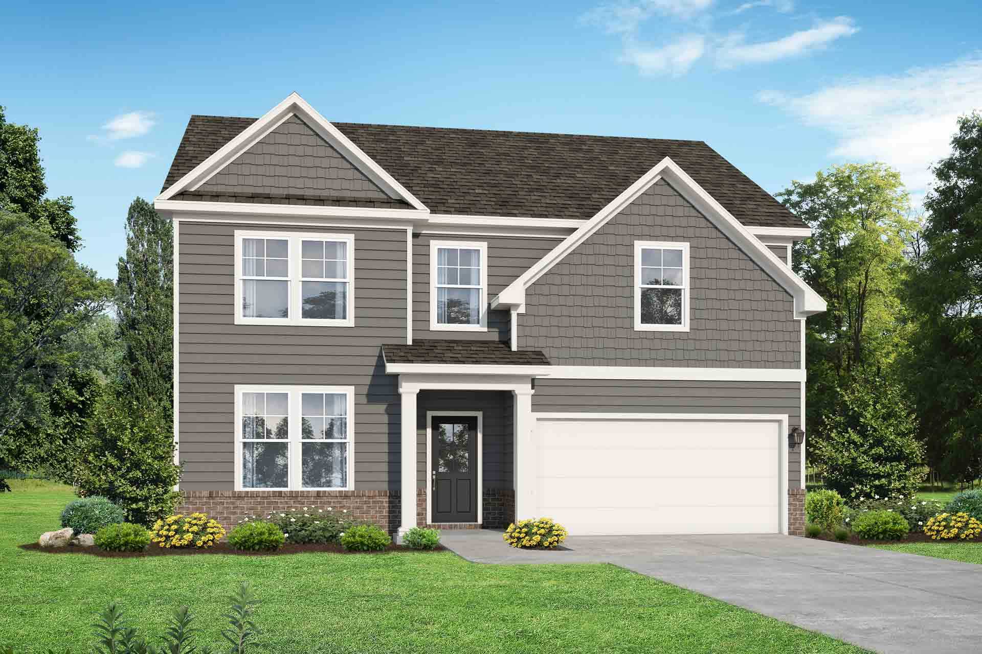 Two-story Murray C home elevation by Davidson Homes with gray siding, brick accents, covered porch, two-car garage, and landscaped yard