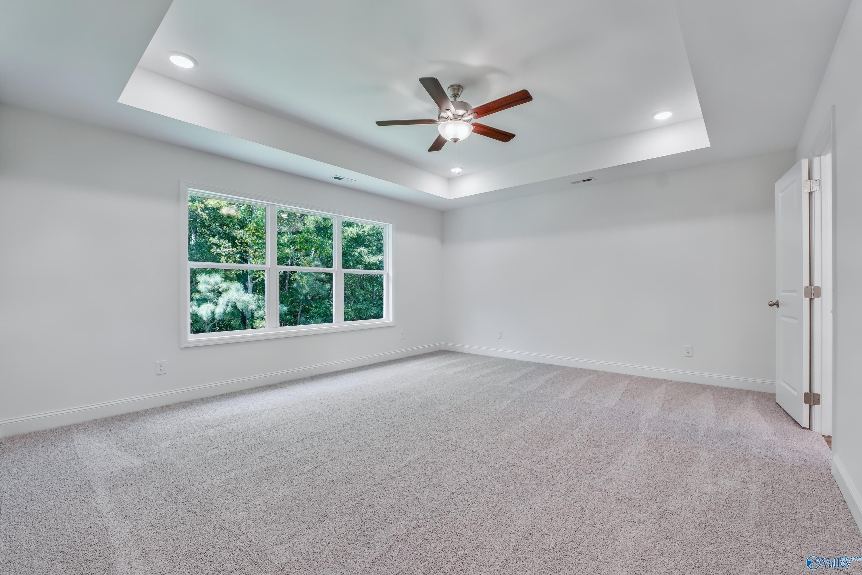 Spacious bedroom with tray ceiling, ceiling fan, and large window overlooking trees in Davidson Homes The Shelby A, Arab, Alabama