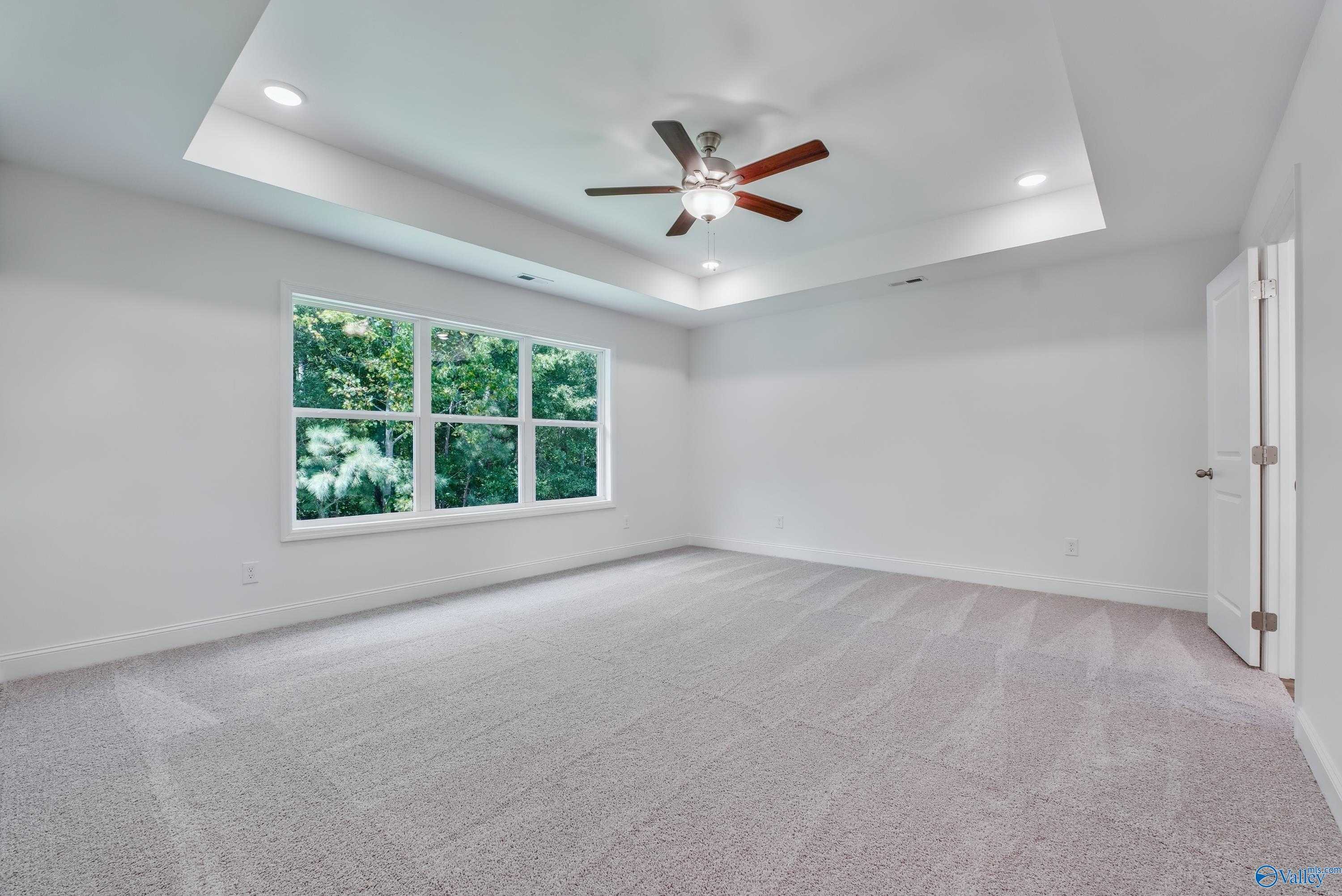 Spacious bedroom with tray ceiling, ceiling fan, and large window overlooking trees in Davidson Homes The Shelby A, Arab, Alabama