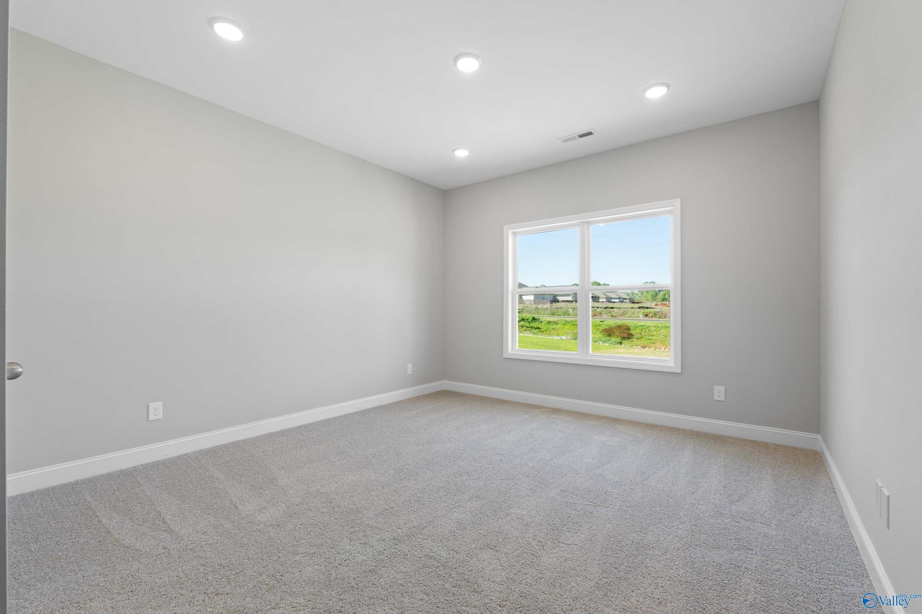 Bright secondary bedroom with gray walls, carpet floor, and large window view of green fields in Davidson Homes The Asheville C, Athens, Alabama
