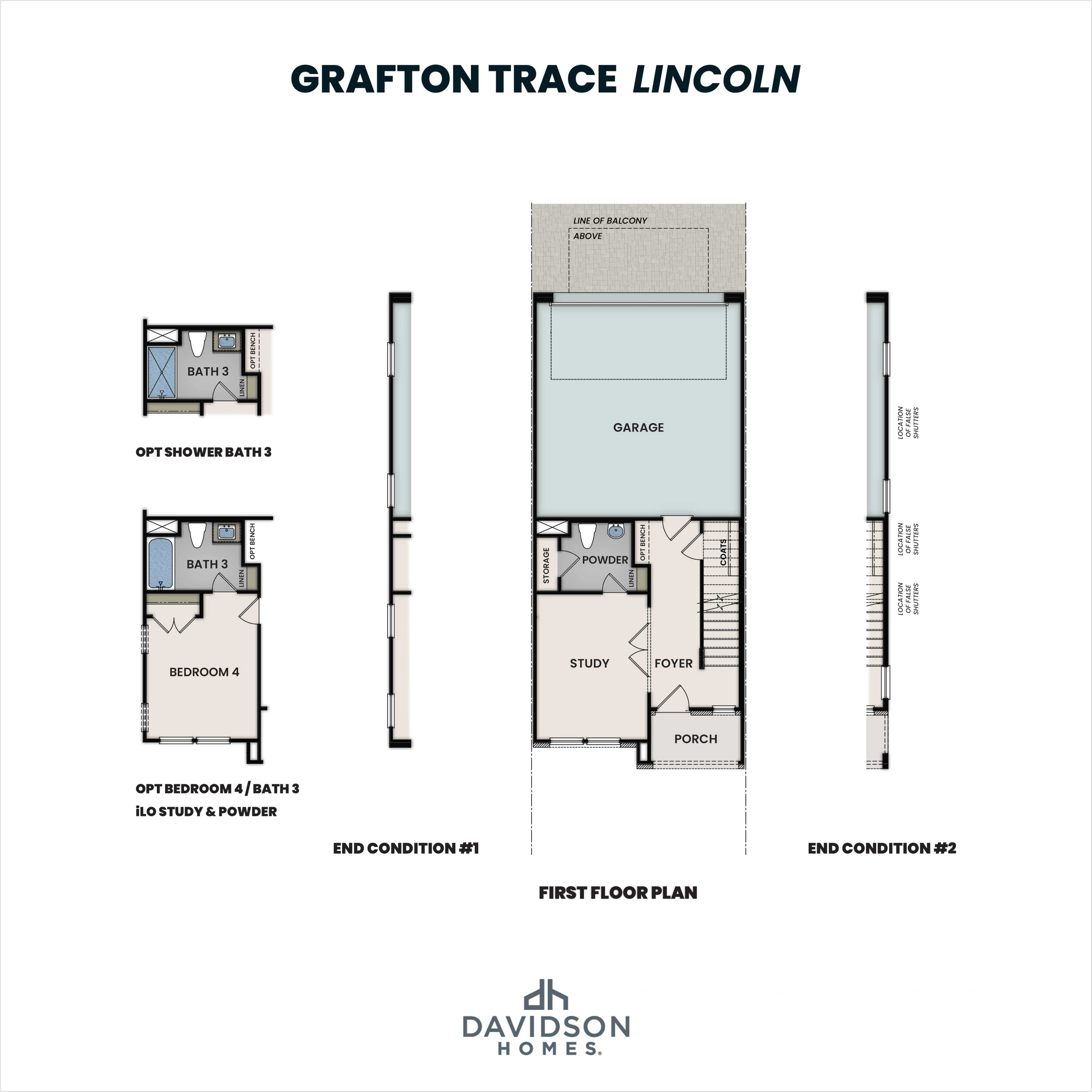 First floor plan of The Lincoln multi-family home featuring 2-car garage, study, optional bedroom, and end unit layouts