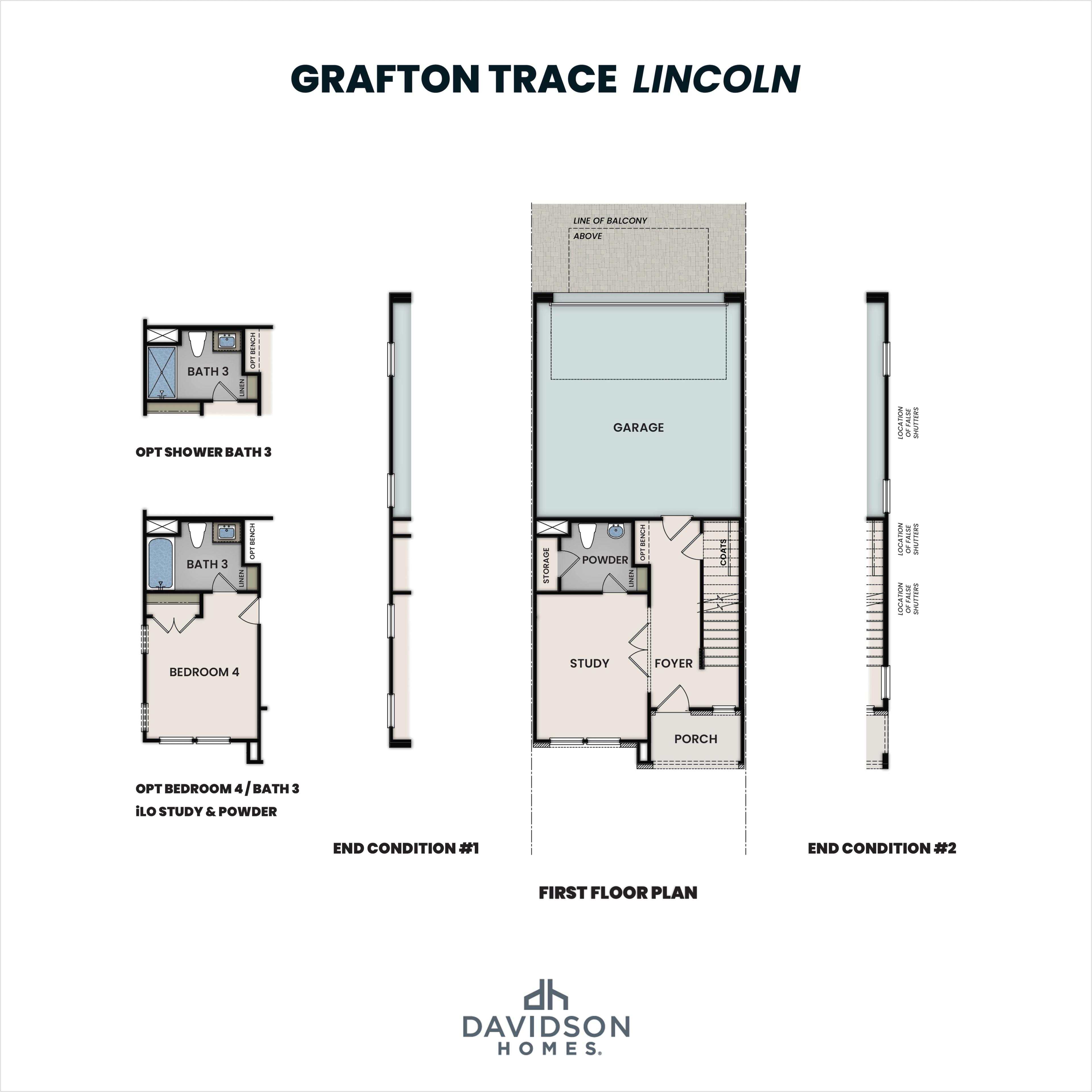 First floor floor plan of Grafton Trace Lincoln 3-story townhome, featuring 2-car garage, study, powder bath, and porch options