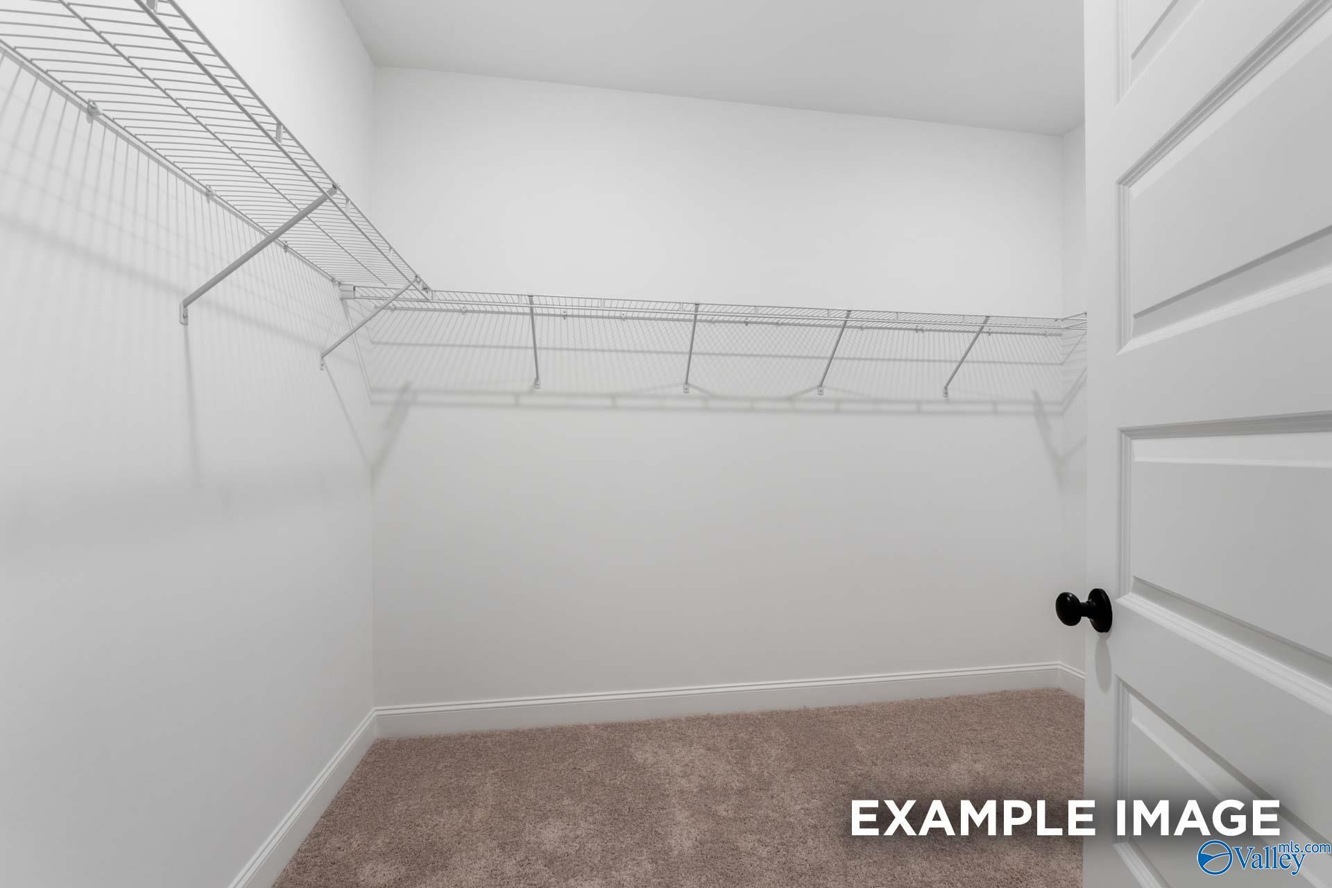 Spacious walk-in closet with wire shelving, white walls, and carpeted floor in Davidson Homes The Finleigh, Meridianville, Alabama