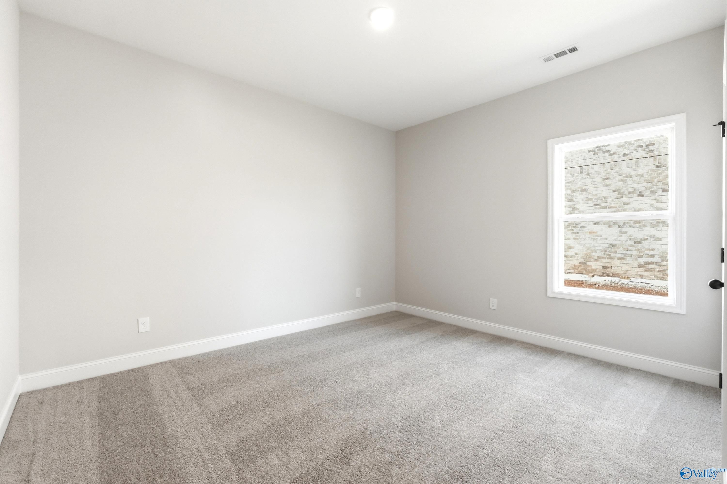 Bright, carpeted bedroom with neutral walls in The Daphne floor plan by Davidson Homes in Clearview, Hazel Green, AL.