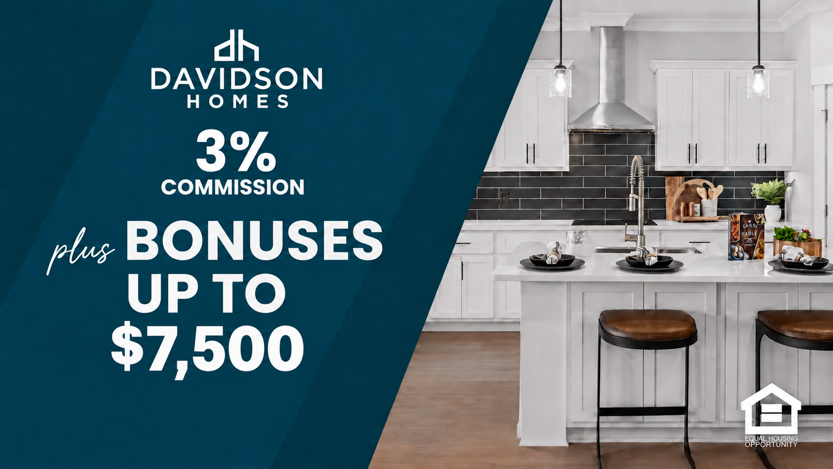 Modern kitchen interior promoting a Davidson Homes realtor incentive of 3% commission and bonuses up to $7,500.