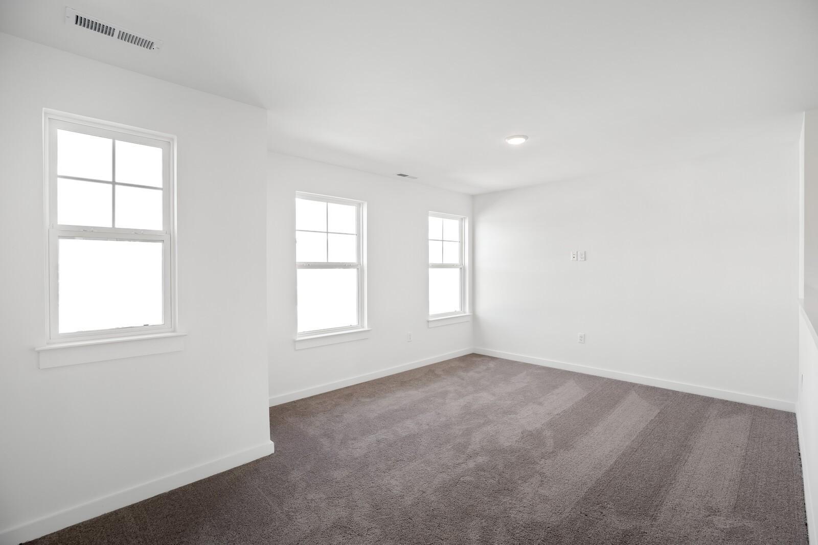 Bright upstairs bedroom with large windows, white walls, and beige carpet in Davidson Homes The Willow C, Gallatin, TN