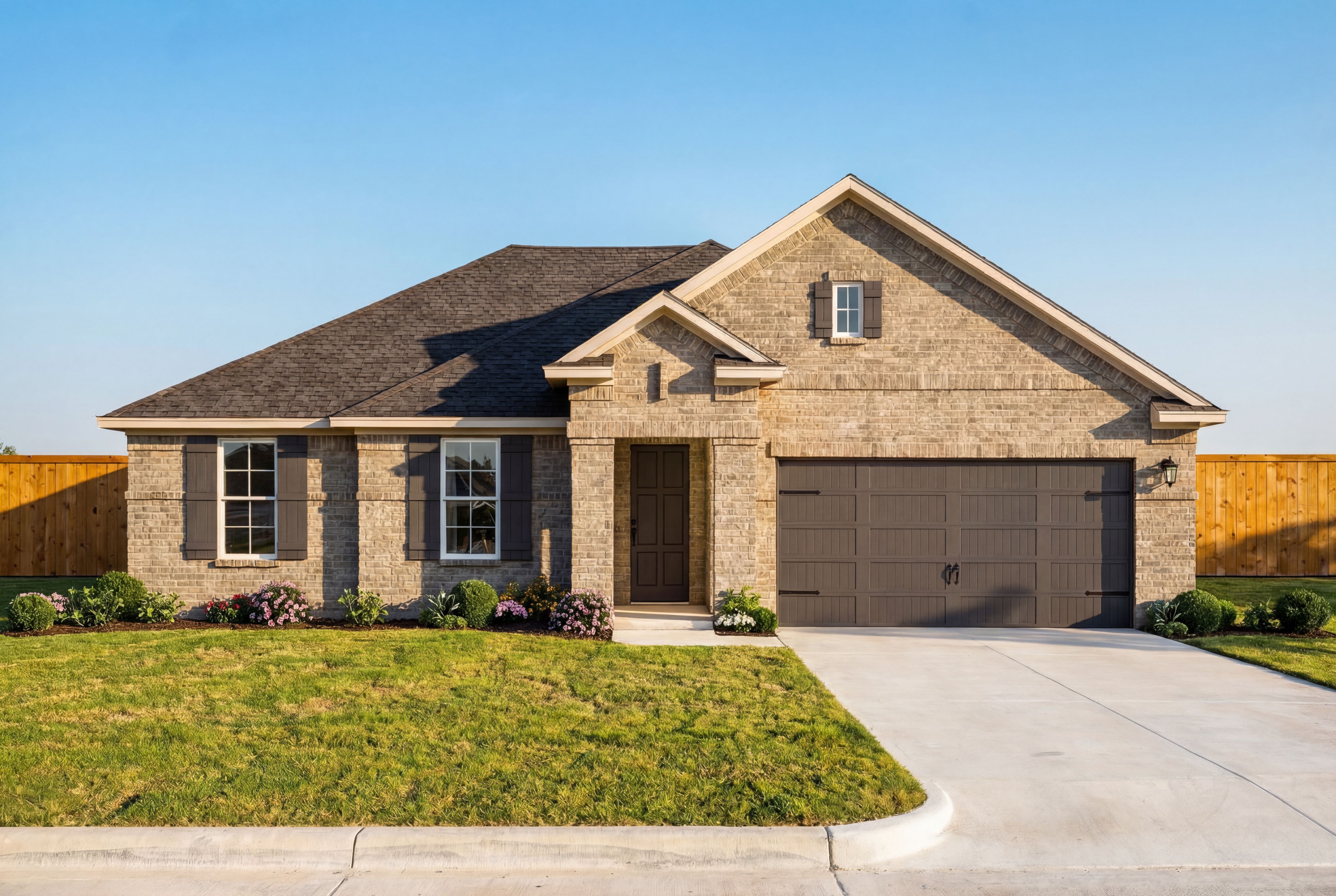 Brick exterior of The Diana A single-story home with 2-car garage, dark shutters, and landscaped yard in Rosharon Texas