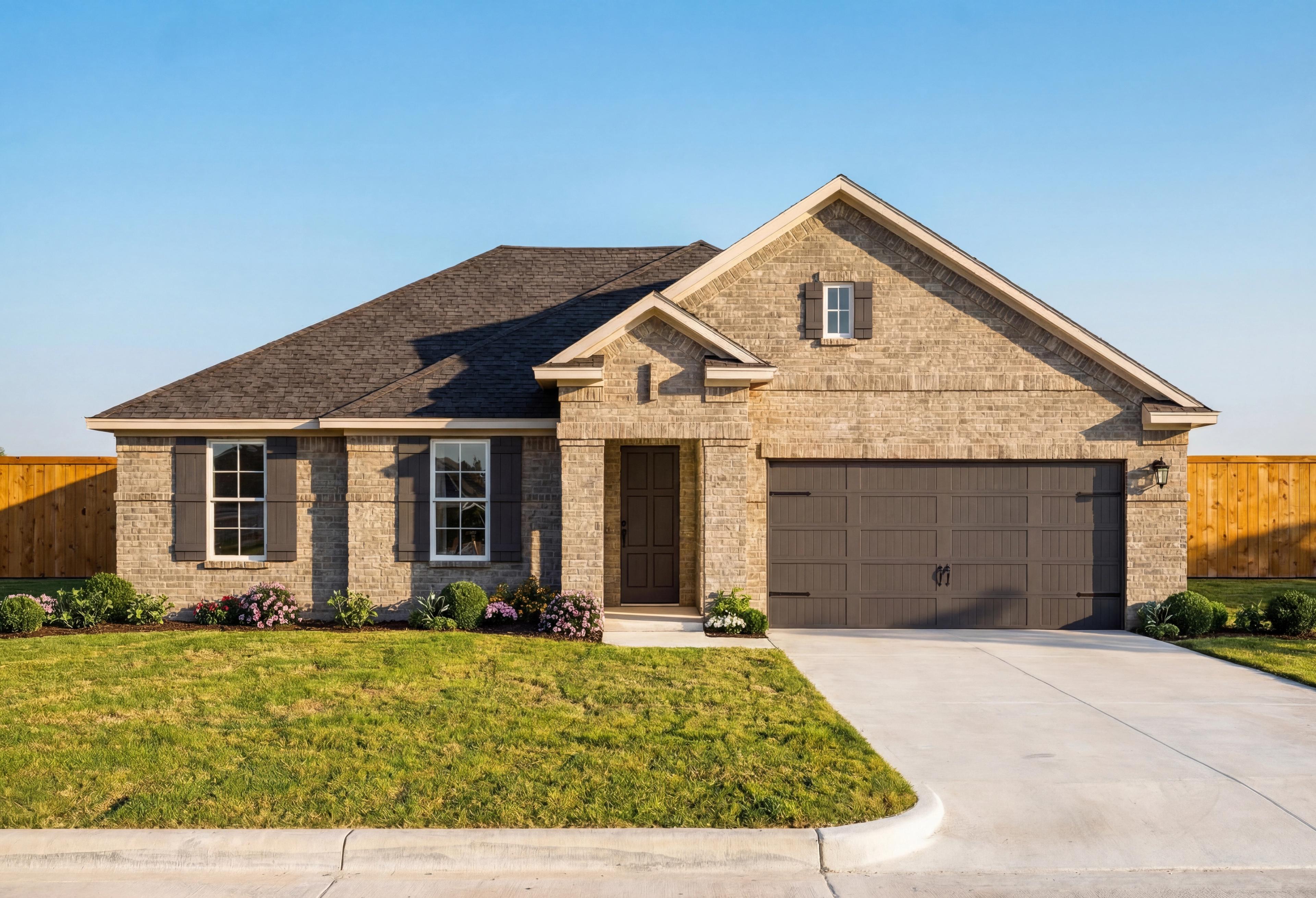 Brick exterior of The Diana A single-story home with 2-car garage, dark shutters, and landscaped yard in Rosharon Texas