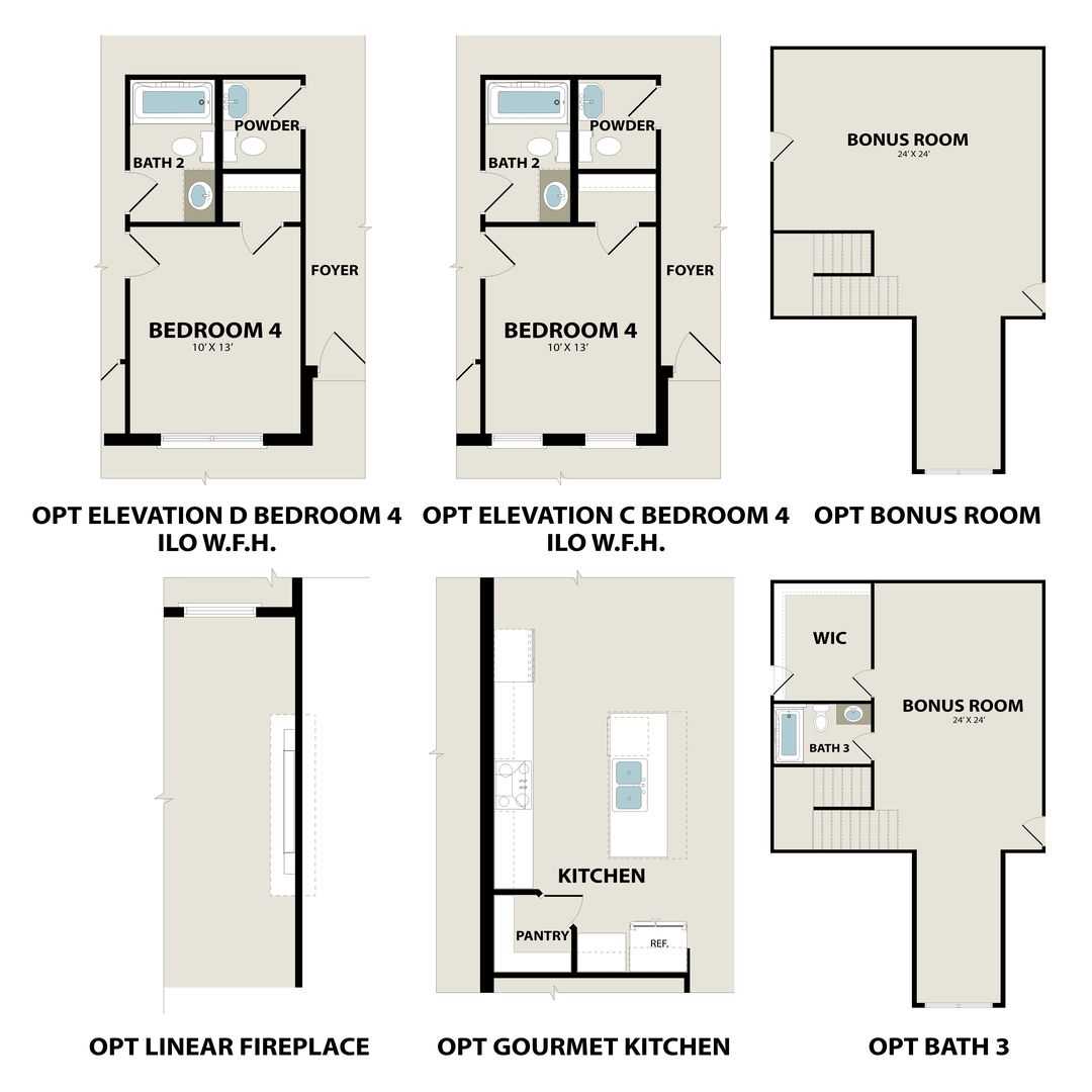 Rockford D floor plan layout with 3 bedrooms, bonus room option, gourmet kitchen, and linear fireplace in Josephine, Texas