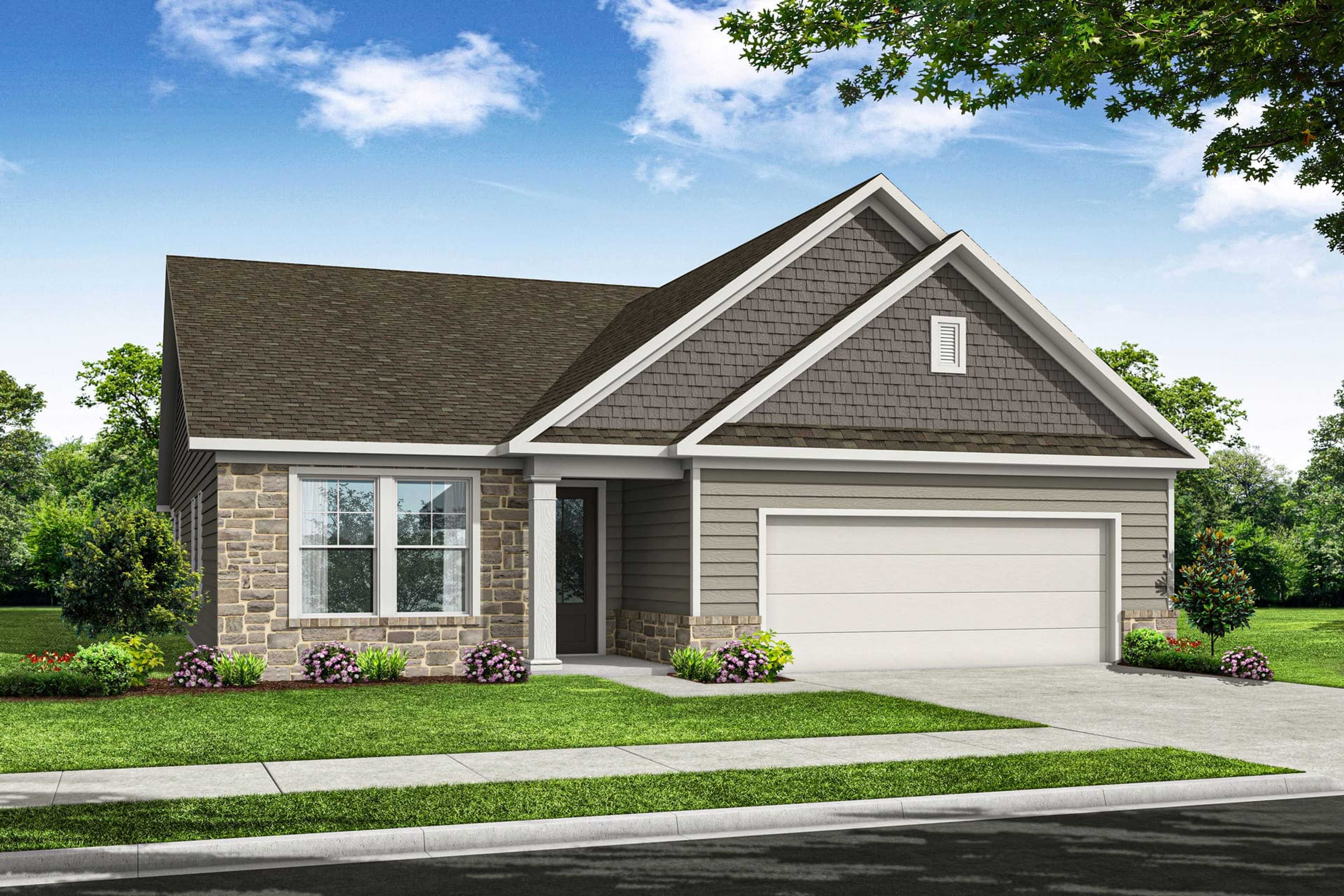 Glenwood A single-story home elevation in Wehunt Meadows, Hoschton GA, with stone siding, 2-car garage, and lush landscaped front yard