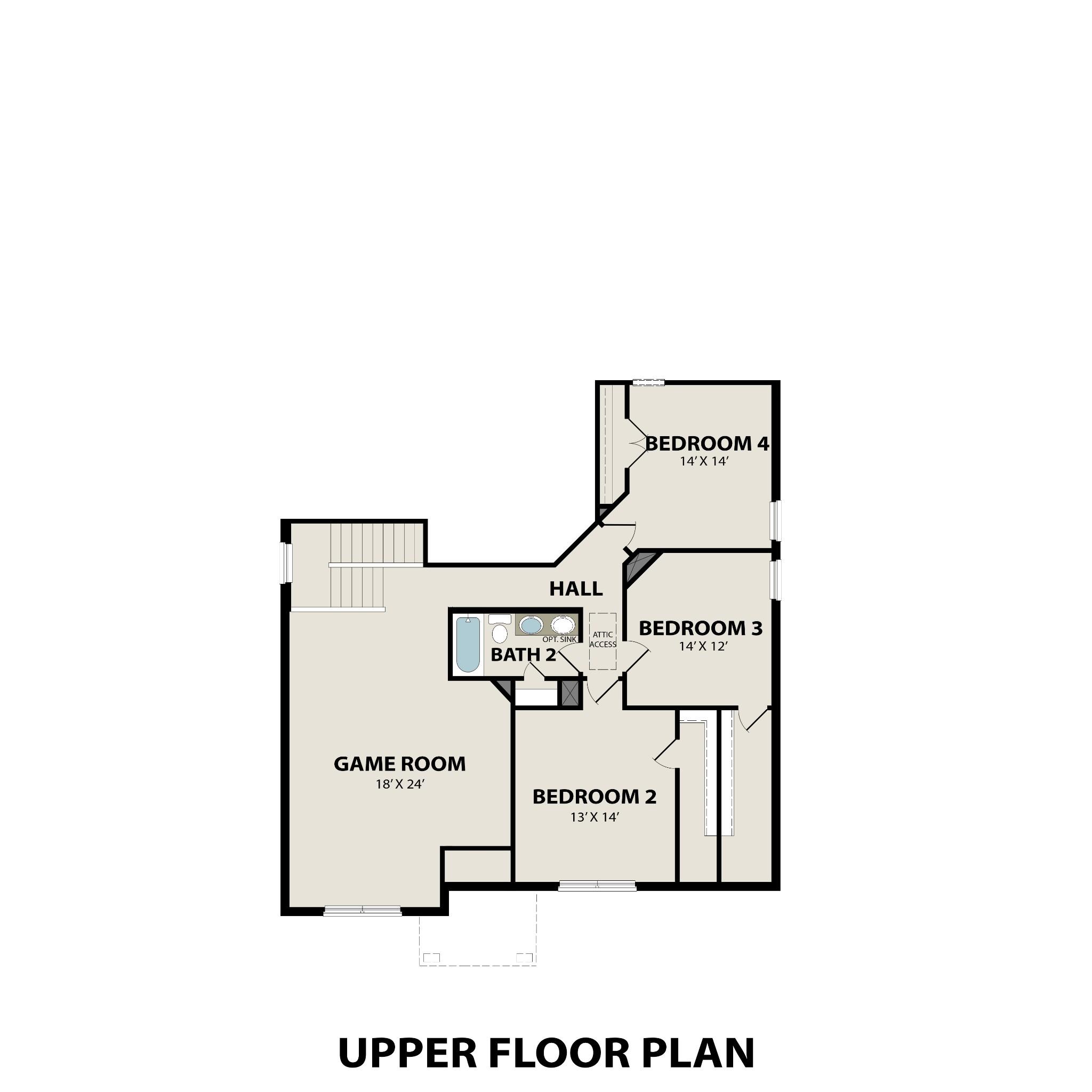 Upper floor plan of Ridgeport E home: bedrooms 2-4, 15x20 game room, bath 2 in Mt. Juliet, Tennessee