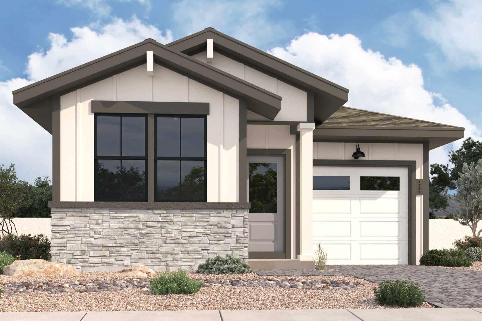 Modern elevation of The Richmond B 3-bedroom home with stone base, white siding, gabled roof, and attached garage in Prescott Arizona