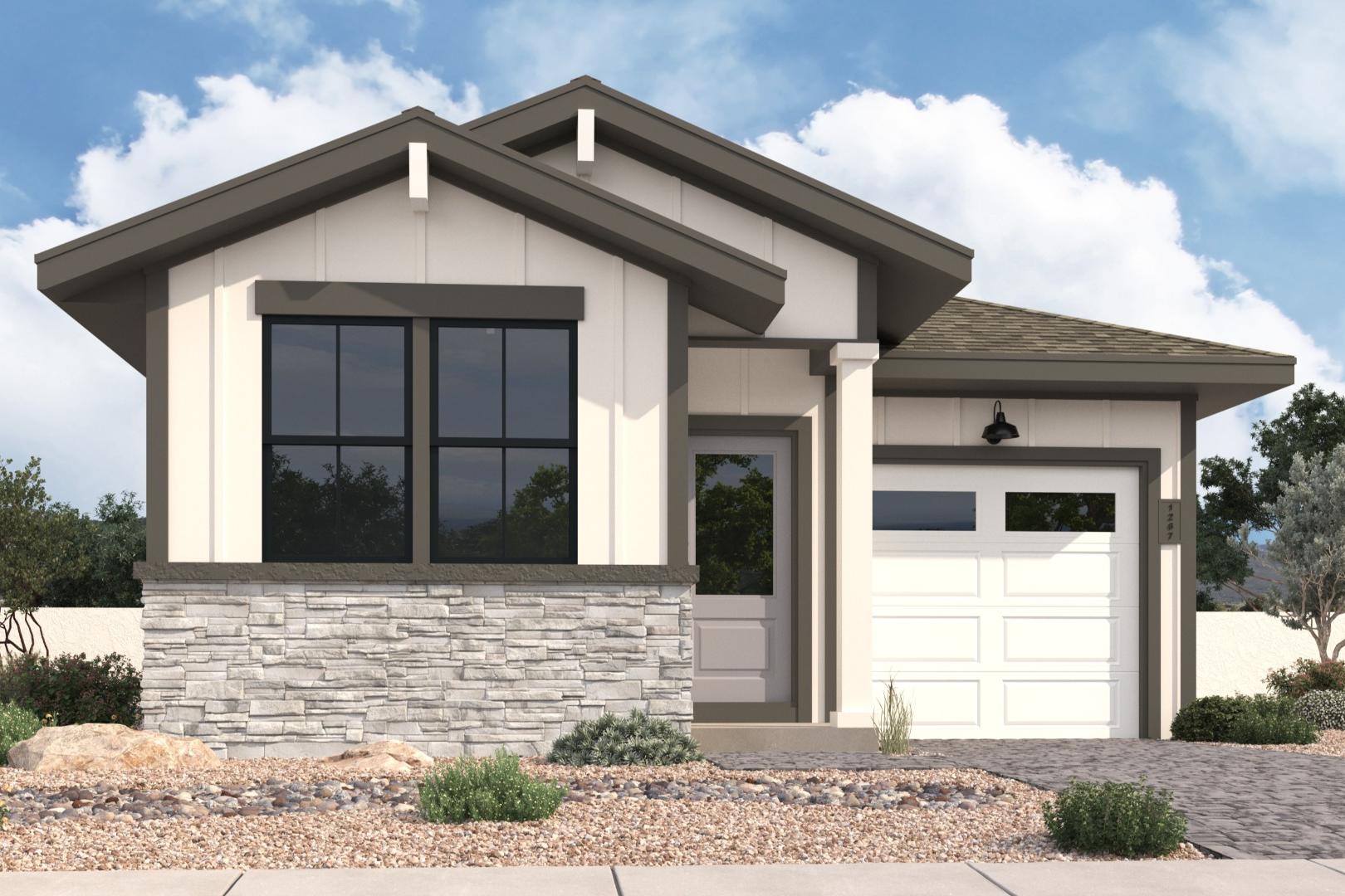 Modern elevation of The Richmond B 3-bedroom home with stone base, white siding, gabled roof, and attached garage in Prescott Arizona