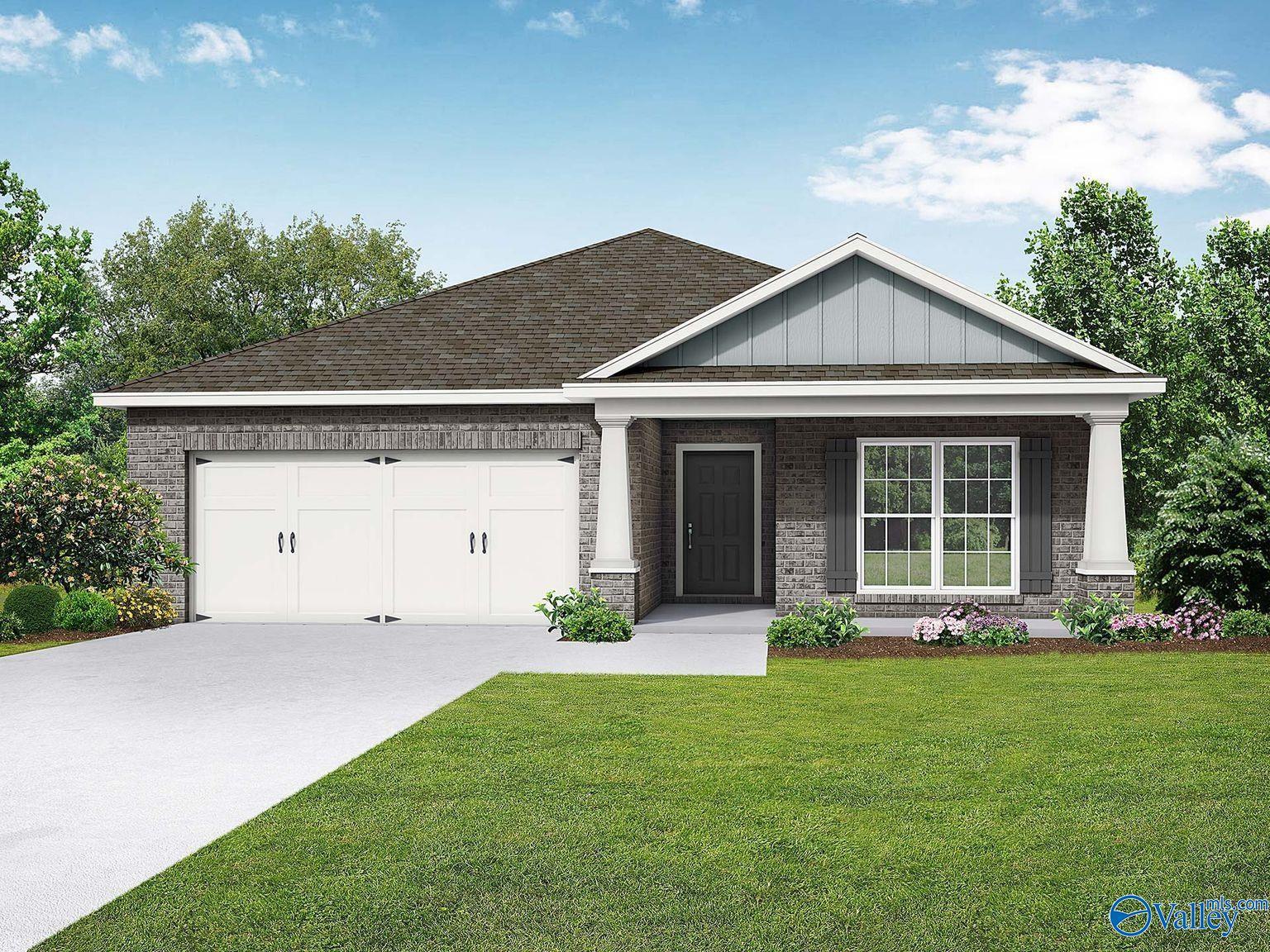 Modern brick single-story home with 2-car garage, covered porch, and lush lawn in Ivy Hills, Toney, Alabama by Davidson Homes