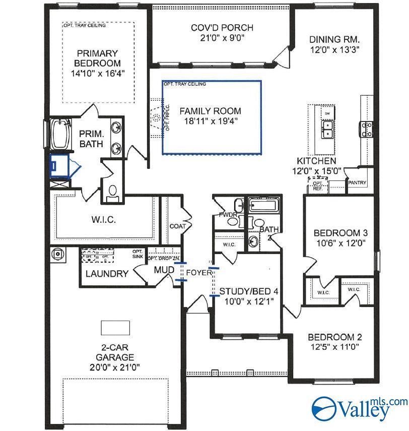 The Rockford C floor plan: 3-bed, 2.5-bath, 2,200 sq ft layout with open kitchen, family room, primary suite, 2-car garage in Madison, AL