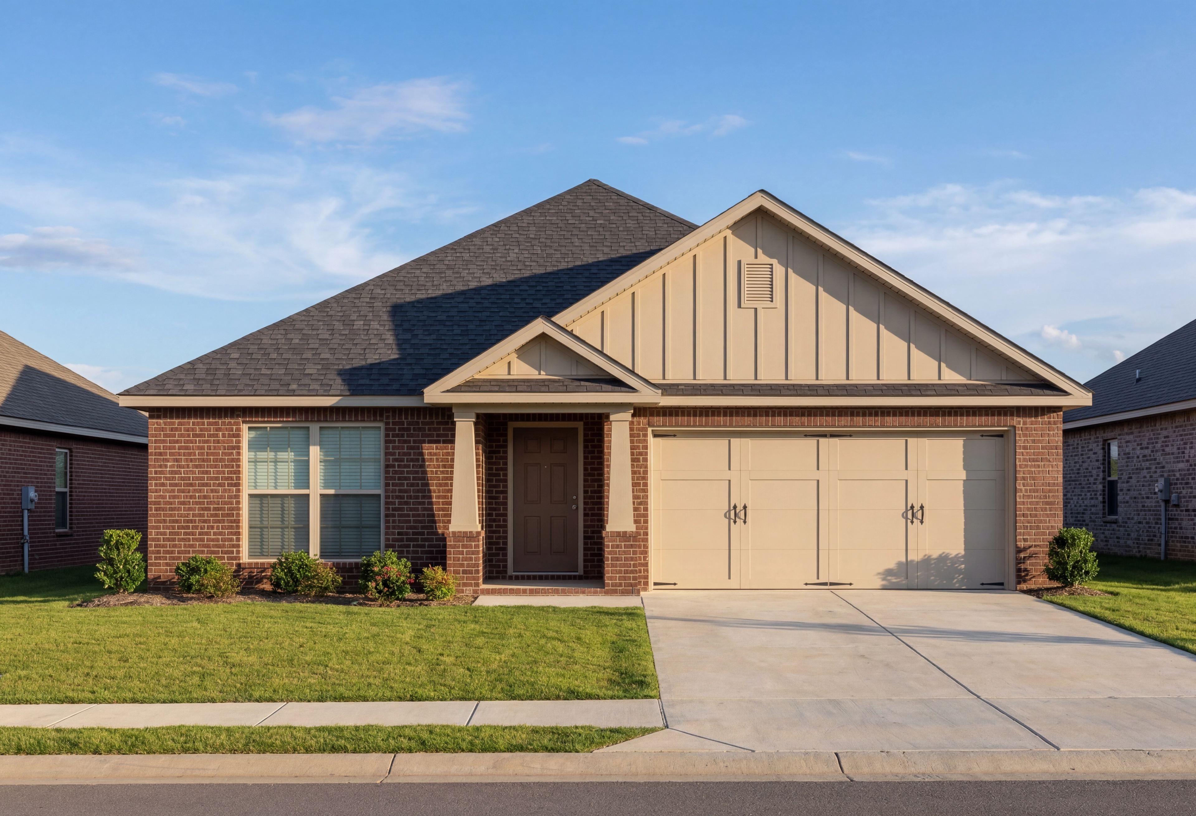 Charming single-story front elevation of The Daphne C with brick accents, beige siding, gabled roof, covered porch, and 2-car garage