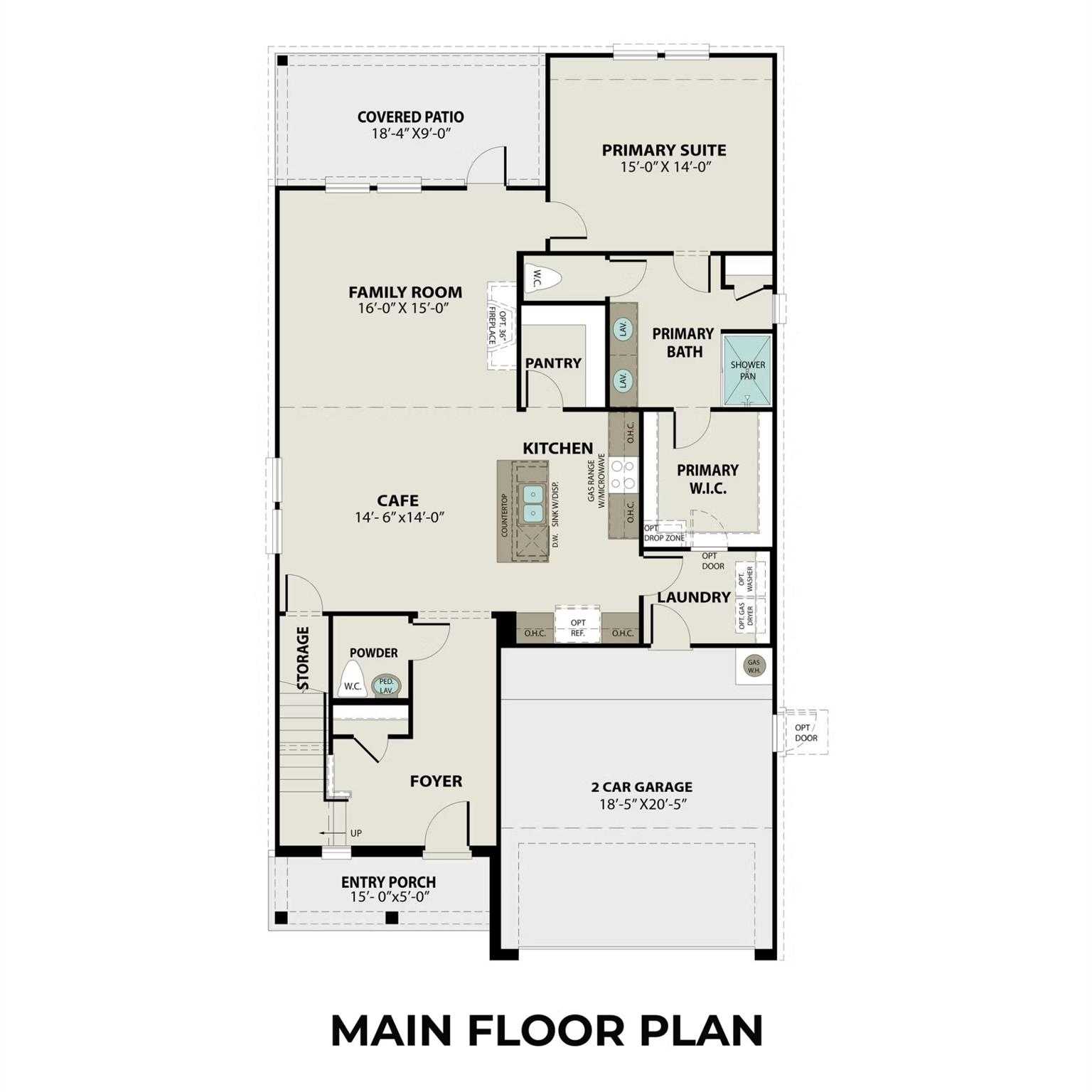 Main floor plan of The Tierra B 4-bedroom home by Davidson Homes in Emberly, Beasley, Texas with open kitchen and primary suite