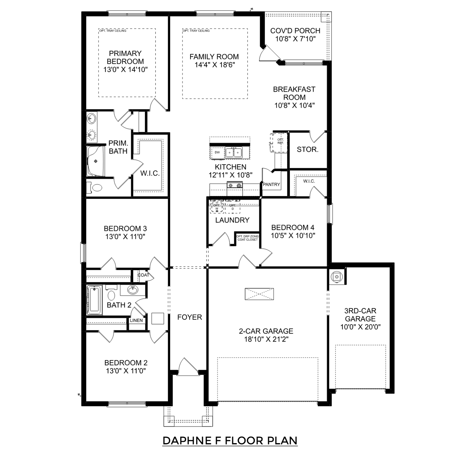 Daphne F floor plan: 4-bedroom single-story layout with master suite, open kitchen-family room, breakfast nook, and 3-car garage