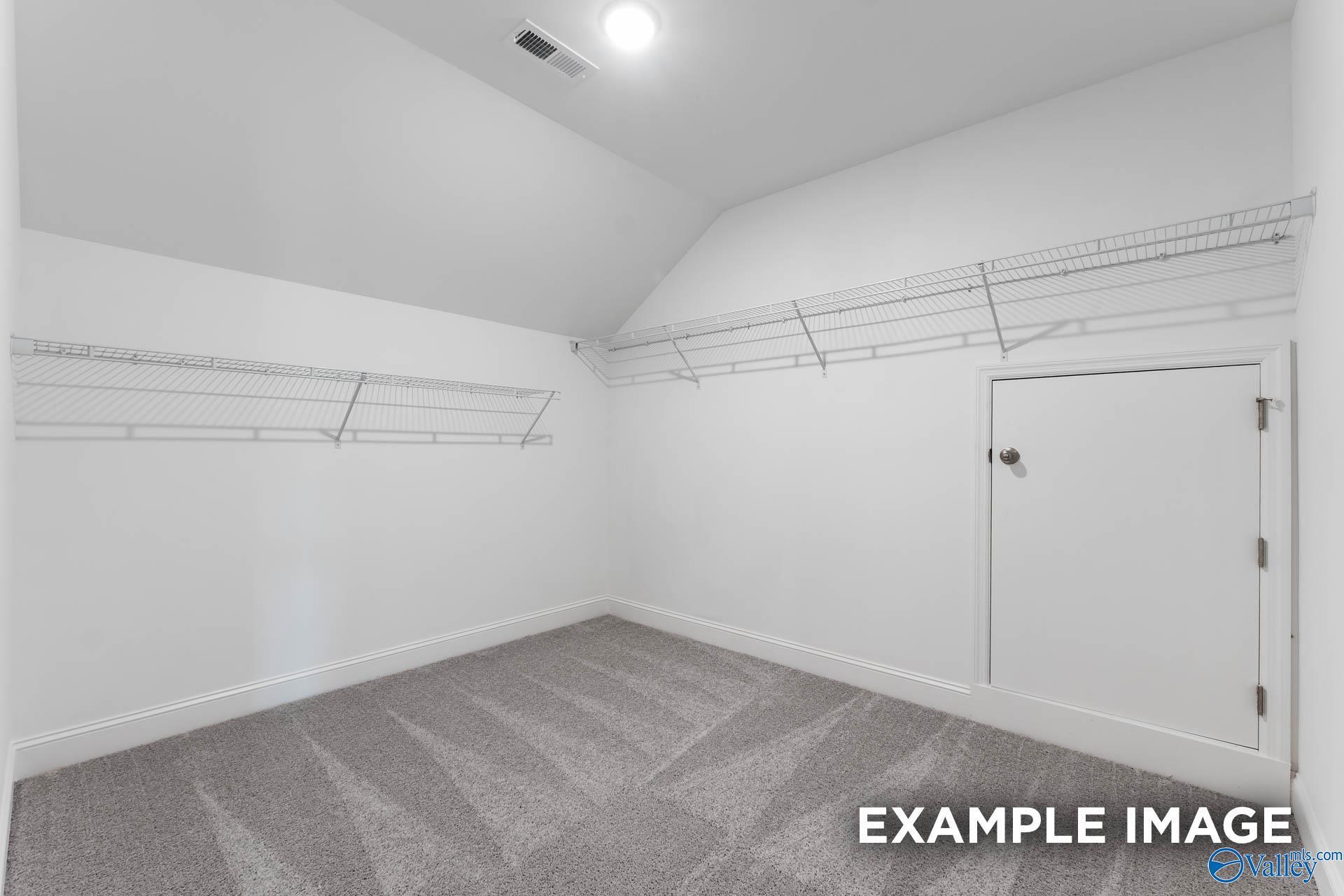 Spacious walk-in closet with wire shelving, vaulted ceiling, and carpeted floor in Davidson Homes The Rockford with Bonus, Madison, Alabama