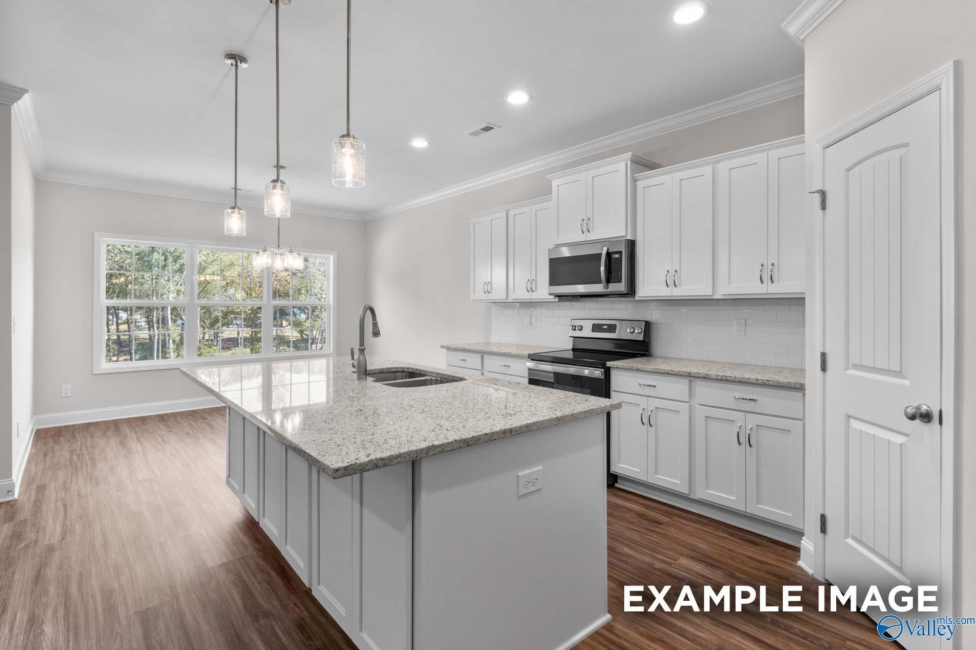Modern open-concept kitchen with white shaker cabinets, granite island, stainless appliances, and large windows in The Montgomery C, Harvest, AL