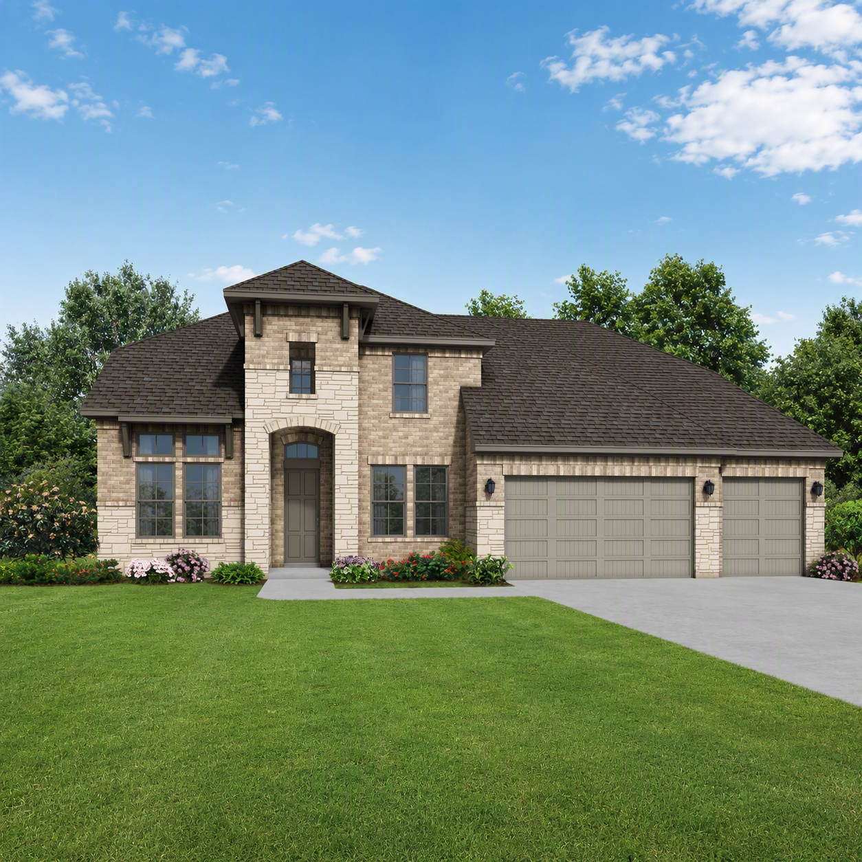 Elevation of The Victoria by Davidson Homes featuring brick and stone exterior, 4-car garage, and landscaped front yard in Texas City