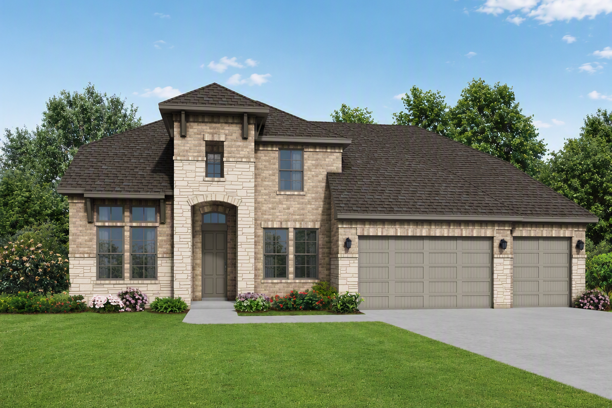 Elevation of The Victoria by Davidson Homes featuring brick and stone exterior, 4-car garage, and landscaped front yard in Texas City
