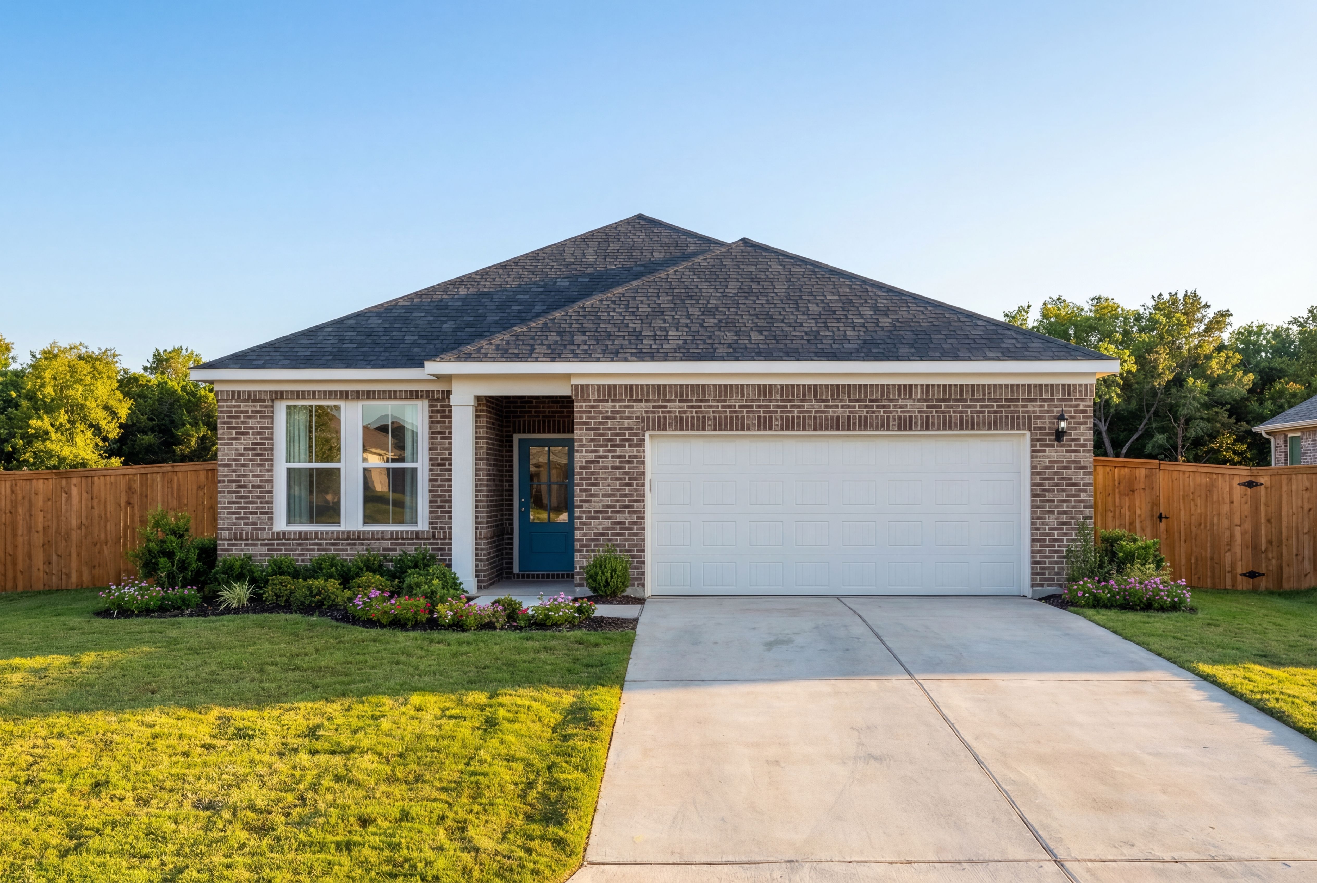 Glenwood E single-story home elevation with brick facade, dark shingle roof, blue door, 2-car garage, and lush landscaped yard in San Antonio