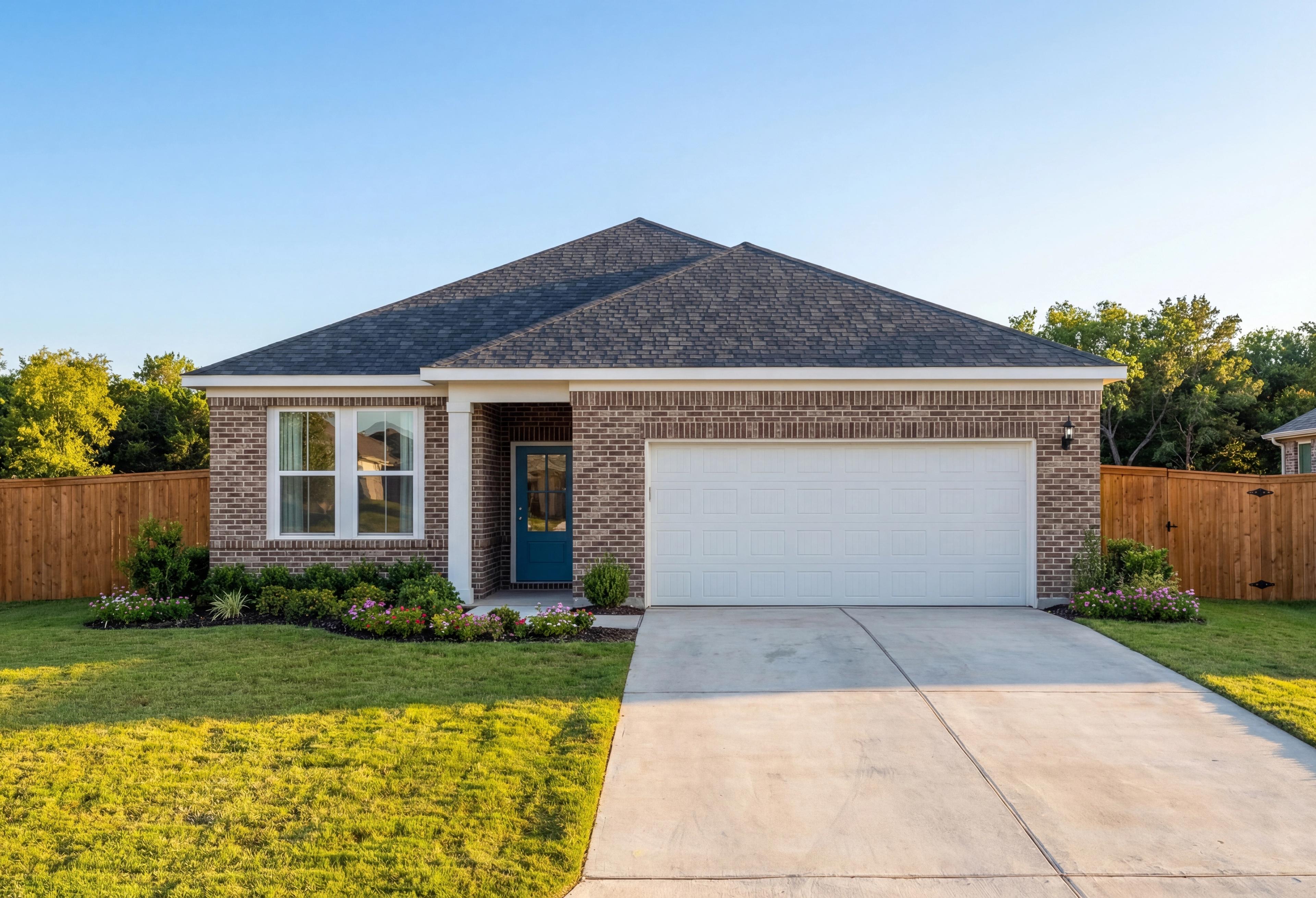 Glenwood E single-story home elevation with brick facade, dark shingle roof, blue door, 2-car garage, and lush landscaped yard in San Antonio