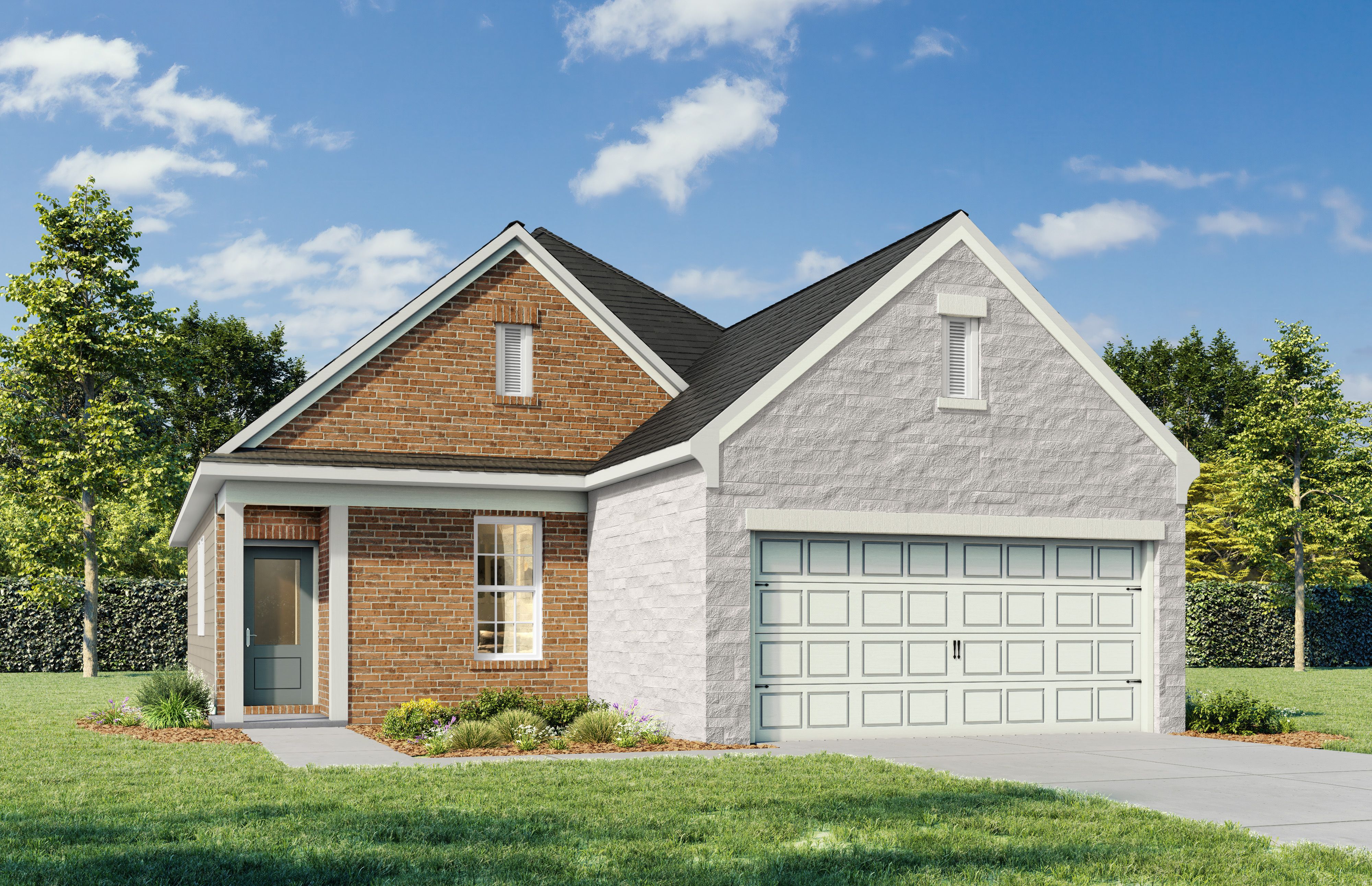 The Azure F single-story home elevation with brick and siding exterior, 2-car garage, front porch, and lush landscaped yard