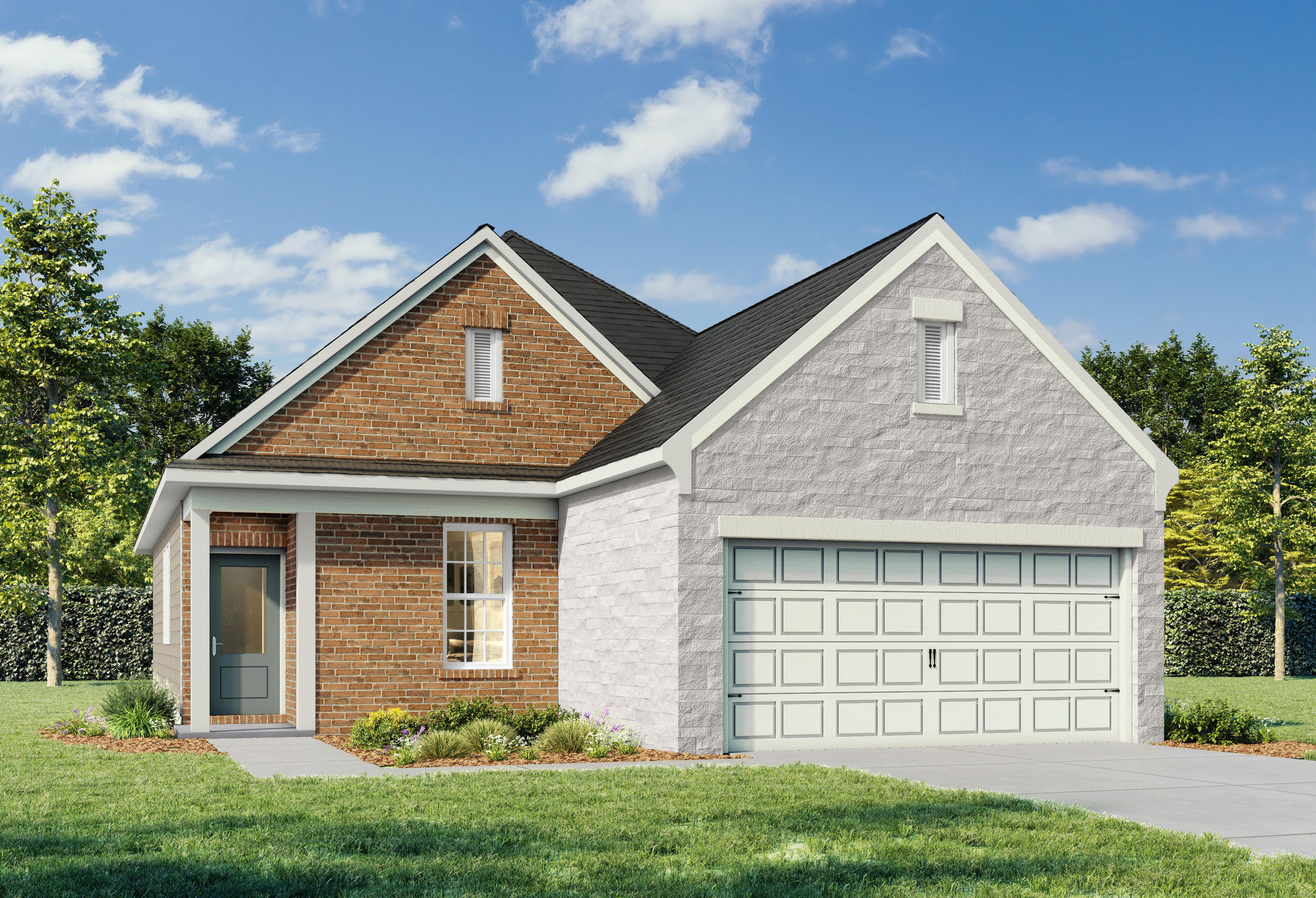 The Azure F single-story home elevation with brick and siding exterior, 2-car garage, front porch, and lush landscaped yard