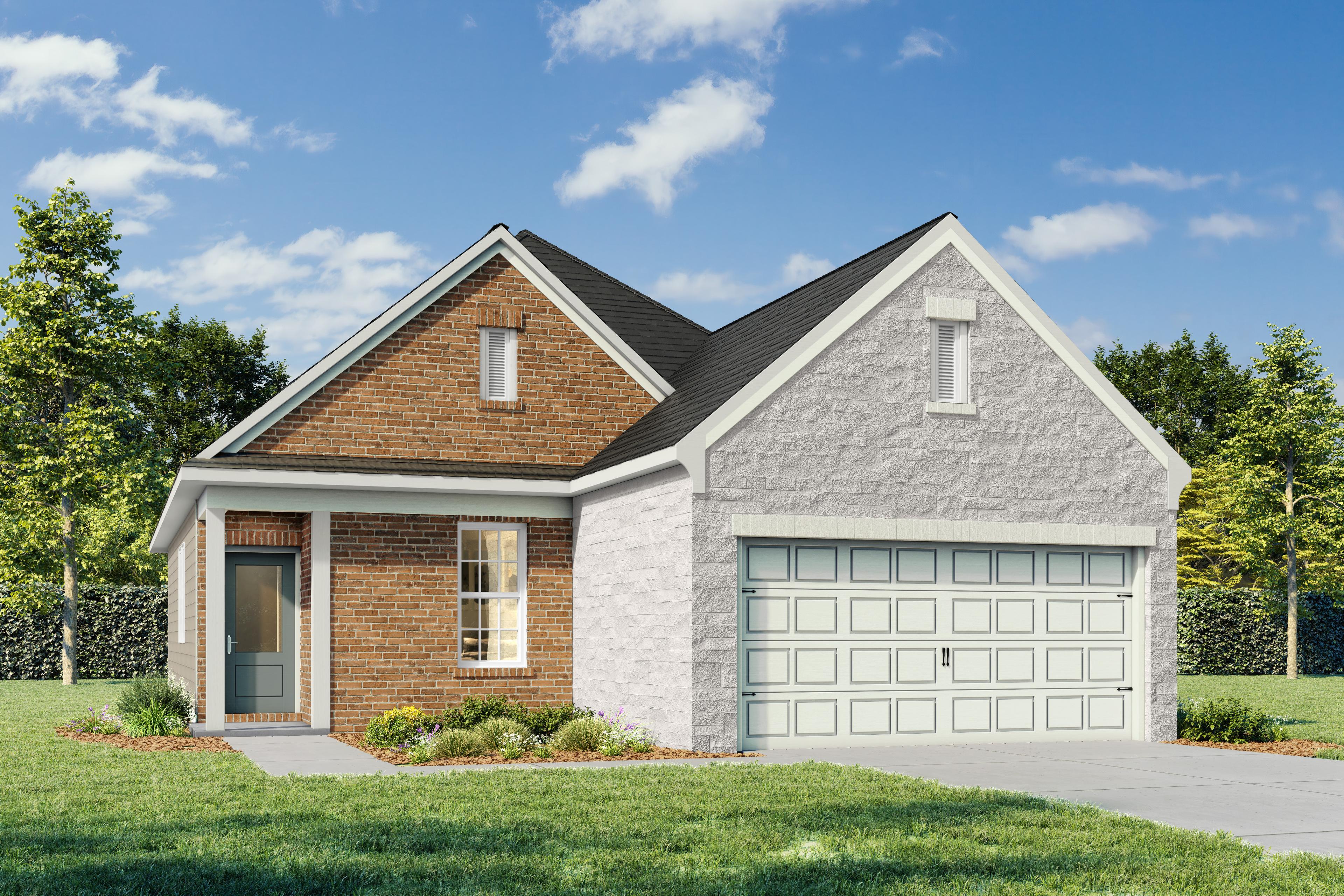 The Azure F single-story home elevation with brick and siding exterior, 2-car garage, front porch, and lush landscaped yard