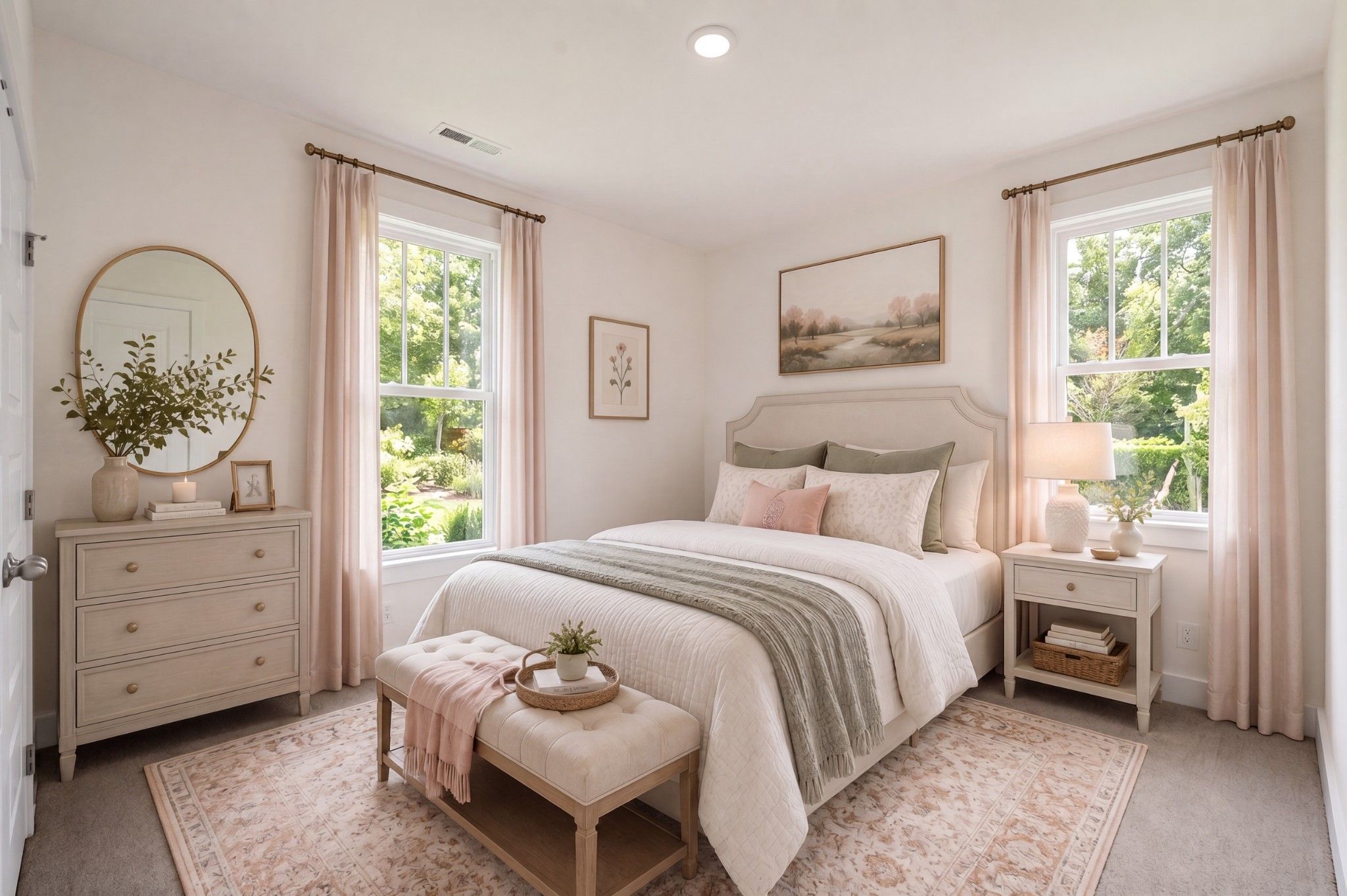 Bright, airy bedroom in The Prairie C floor plan at Woods Crossing, featuring elegant decor and soft natural lighting.