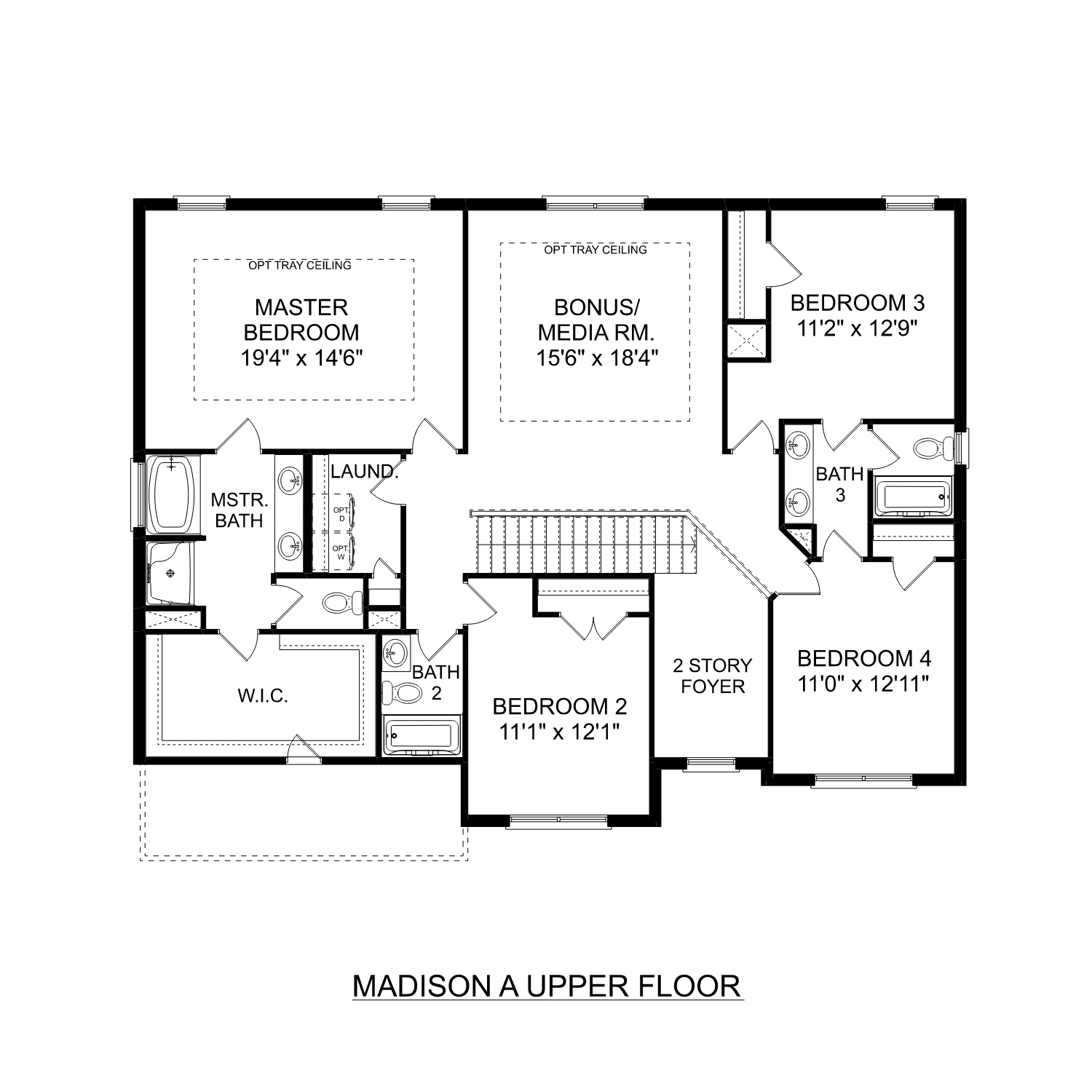 Upper floor plan of The Madison A showcasing master suite 19x14 ft, bonus room 15x18 ft, bedroom 3 11x12 ft, baths, and laundry in 2-story Davidson home