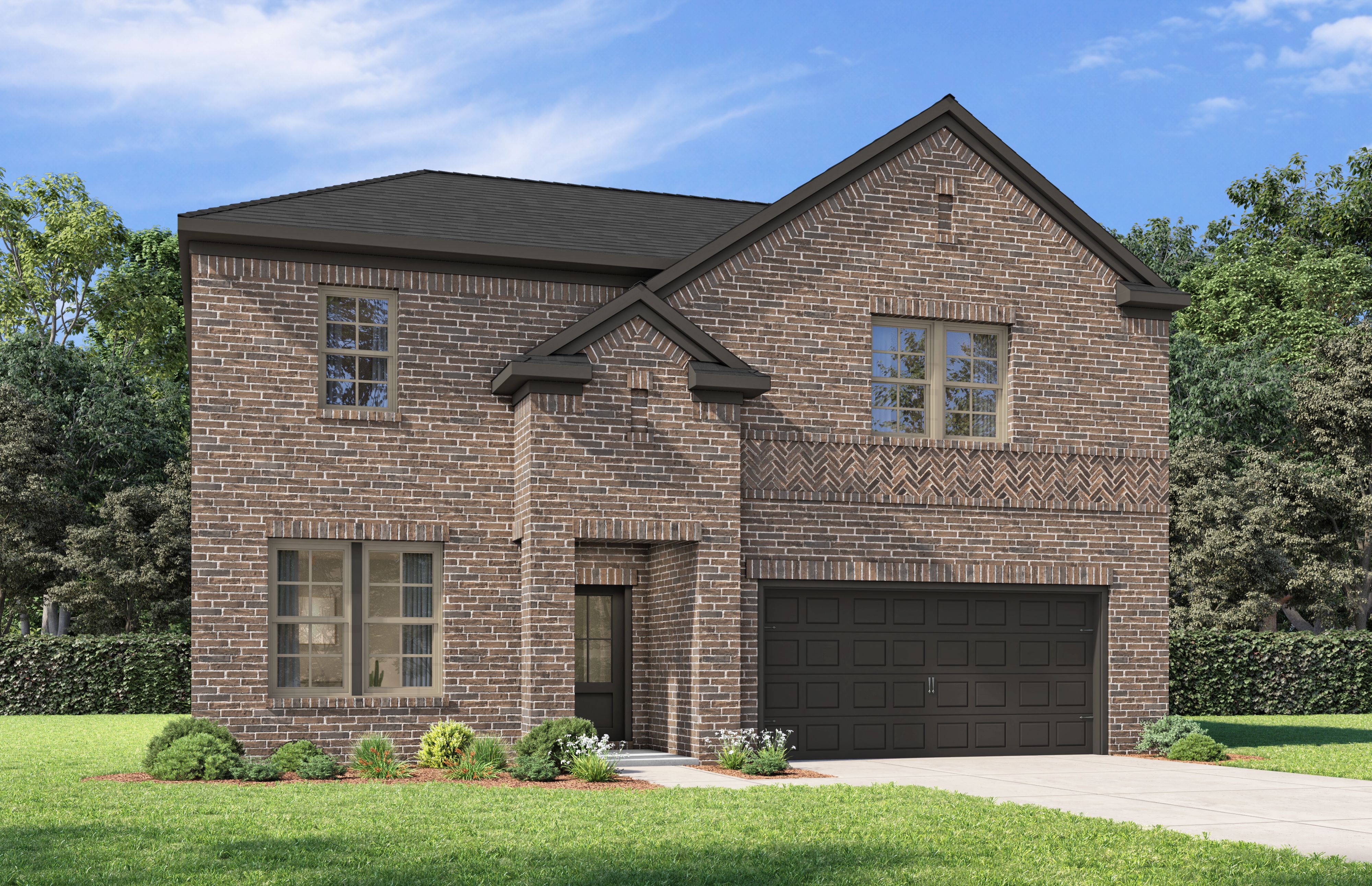 Two-story The Sycamore B brick home elevation with two-car garage, dark roof, and lush landscaping in Heartland Texas
