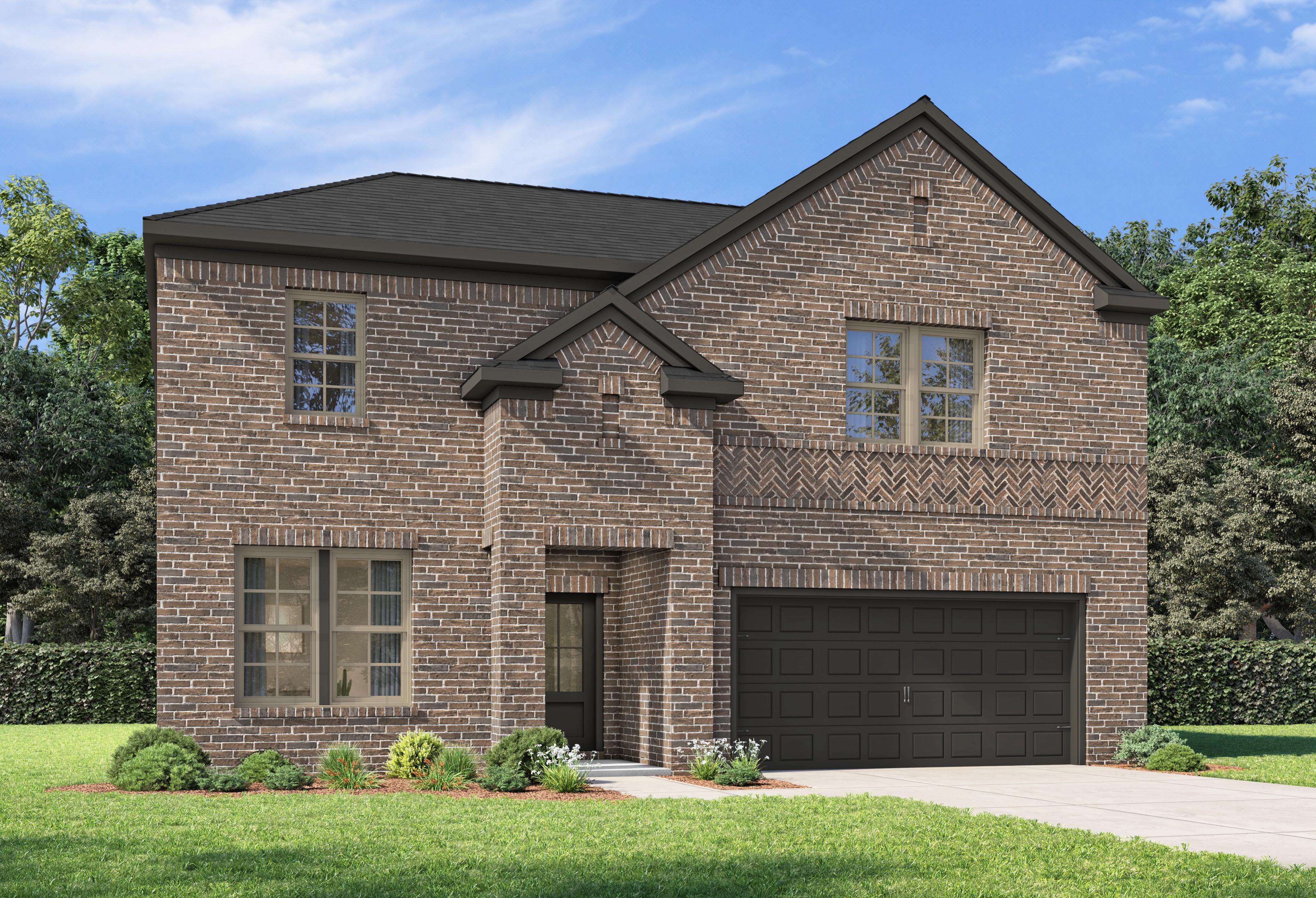 Two-story The Sycamore B brick home elevation with two-car garage, dark roof, and lush landscaping in Heartland Texas