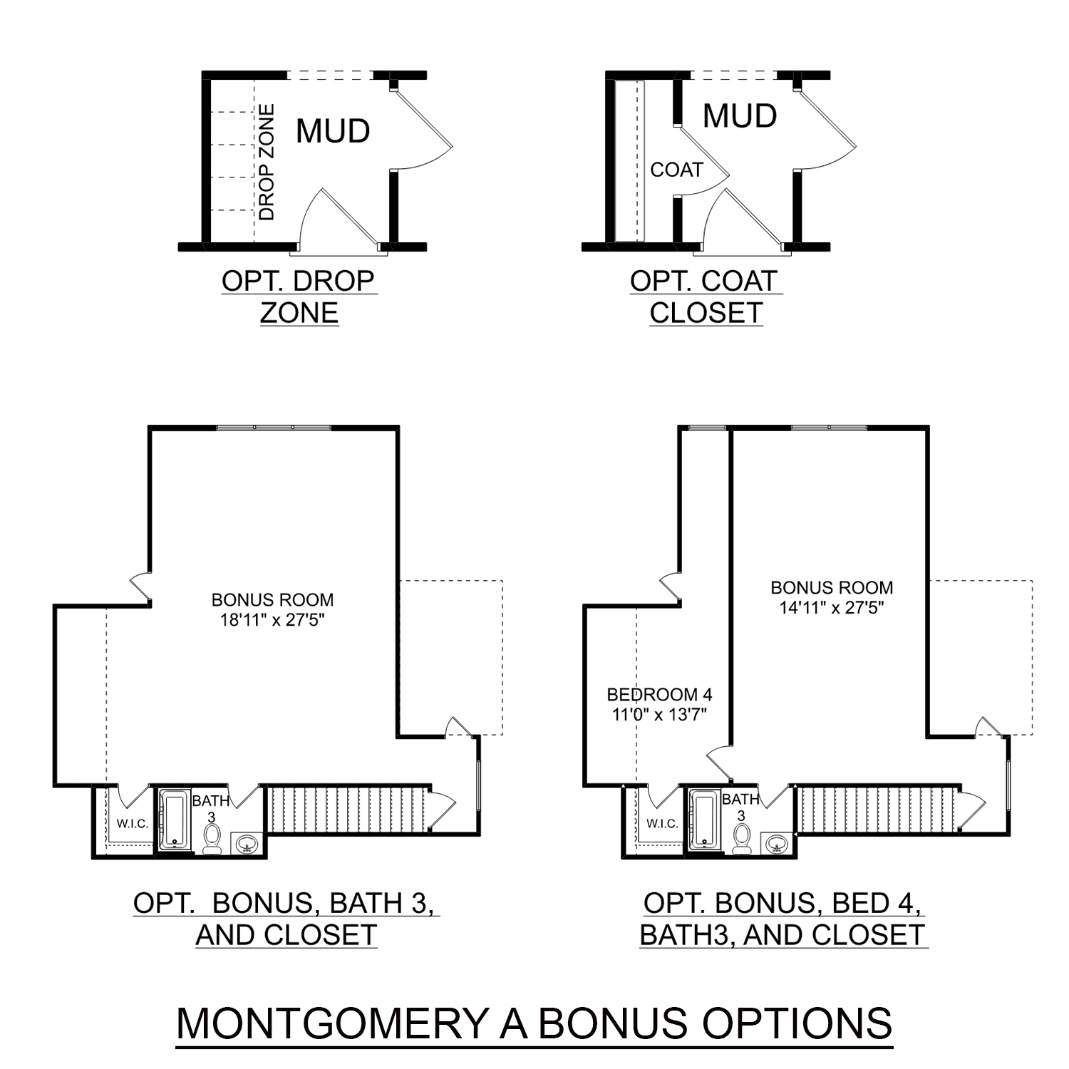 Bonus room vs optional bedroom 4 floor plan options in The Montgomery 3-4 bedroom home design