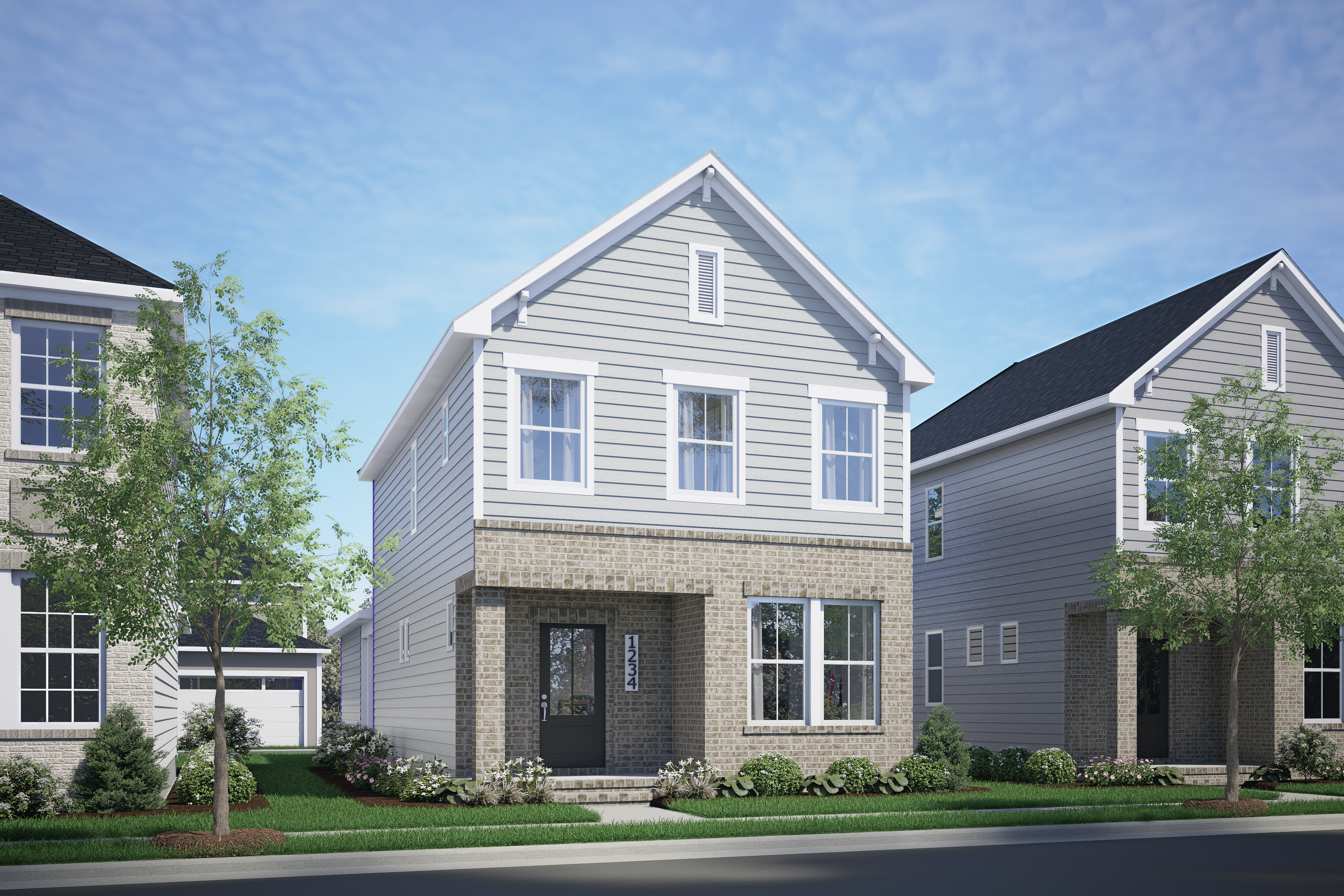 Two-story The Burke home elevation with gray siding, brick base, black roof, front porch, and two-car garage in Knightdale, NC