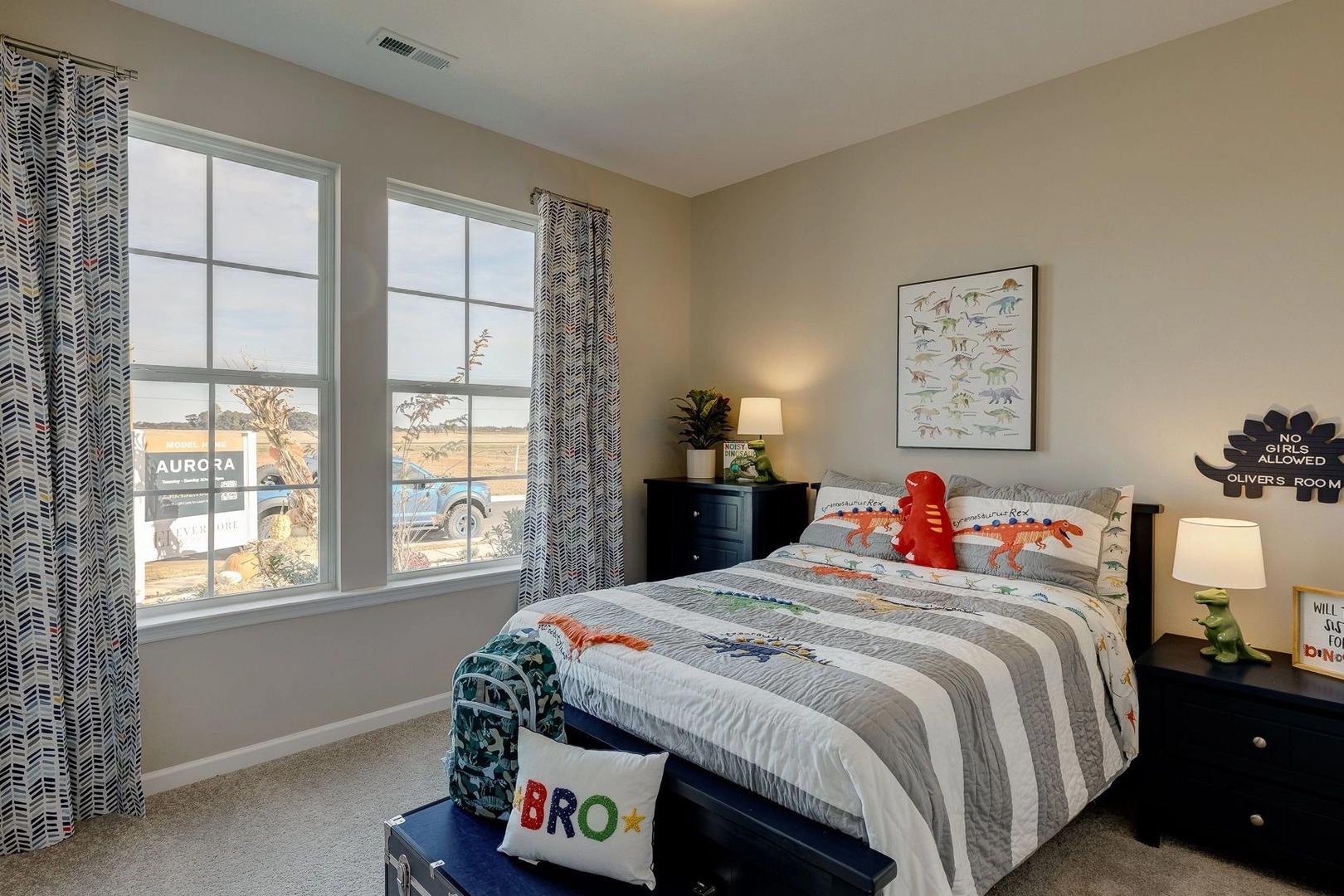 Boy's dinosaur-themed bedroom in Carroll Green Harvest AL with twin bed, striped bedding, posters, and large windows
