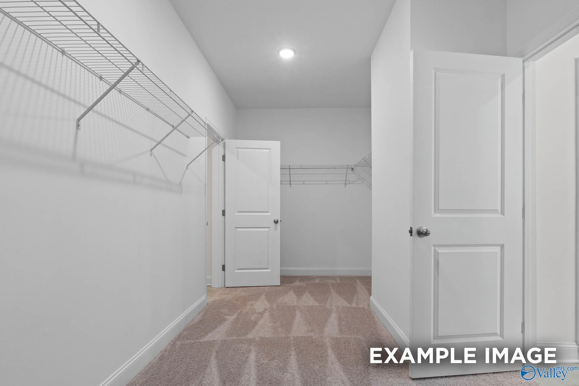 Spacious master walk-in closet with wire shelving, double doors, and carpet in Davidson Homes The Rockford C, Madison, Alabama