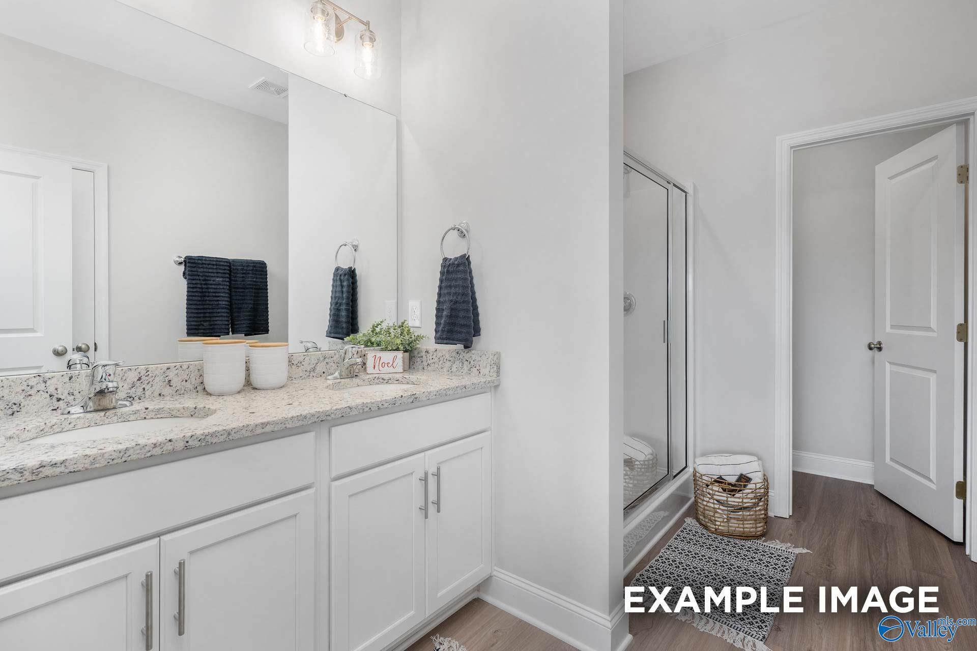 Modern bathroom with double quartz vanity, frameless glass shower, and bedroom door in Davidson Homes The Daphne D, Meridianville, AL