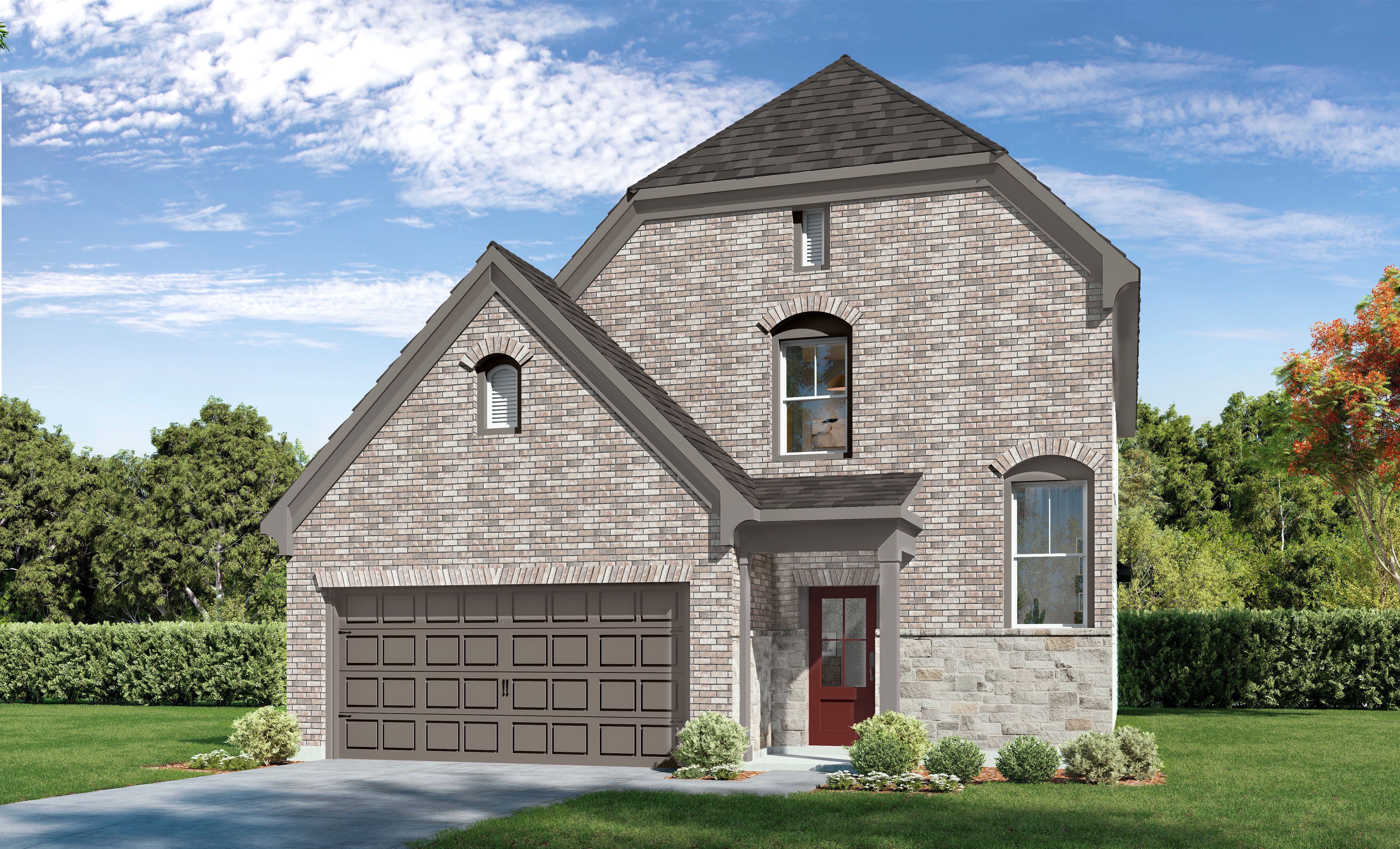 The Verano F single-family home design in Katy, Texas, featuring a two-story brick and stone exterior with a 2-car garage.