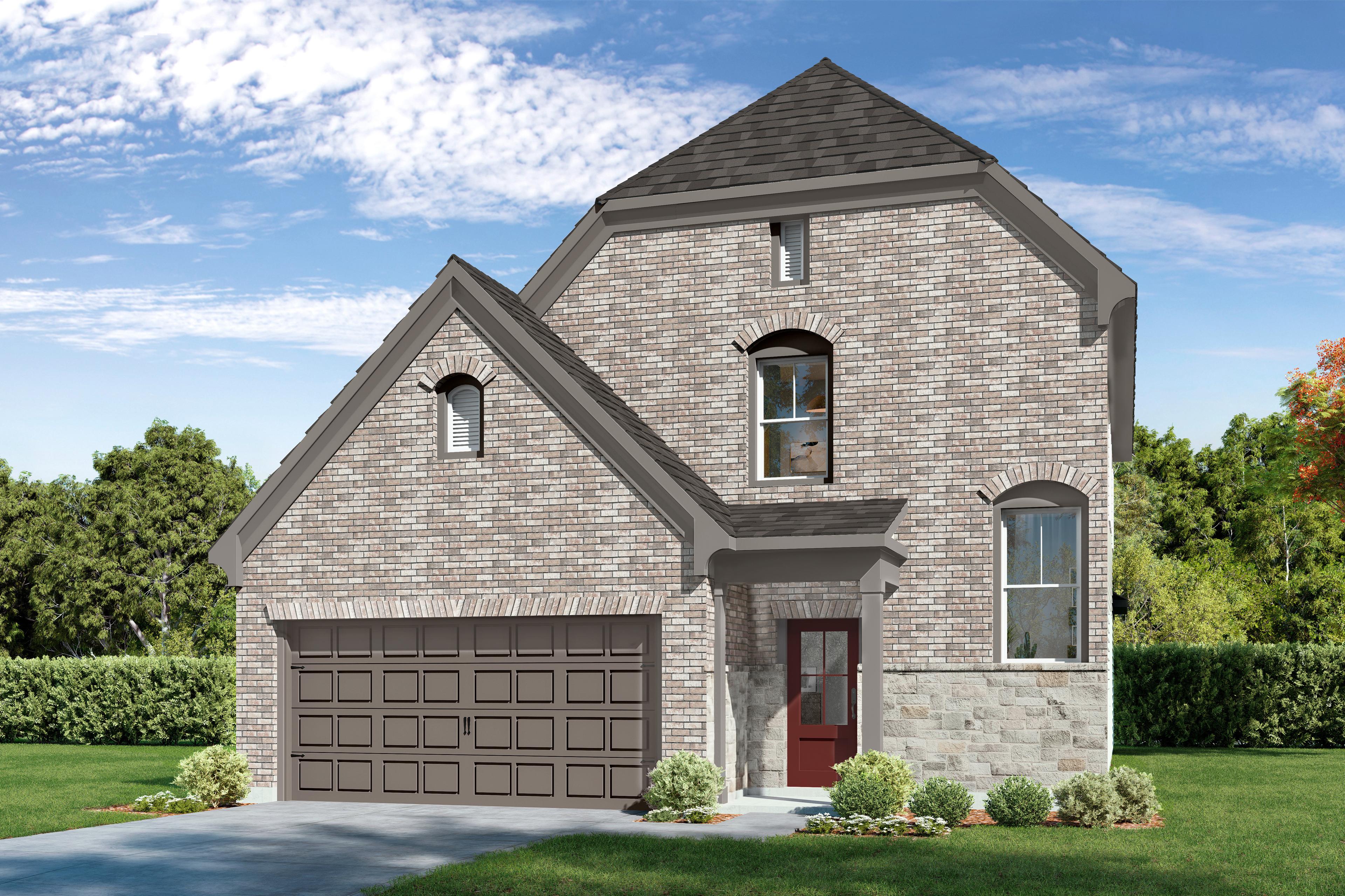 The Verano F single-family home design in Katy, Texas, featuring a two-story brick and stone exterior with a 2-car garage.
