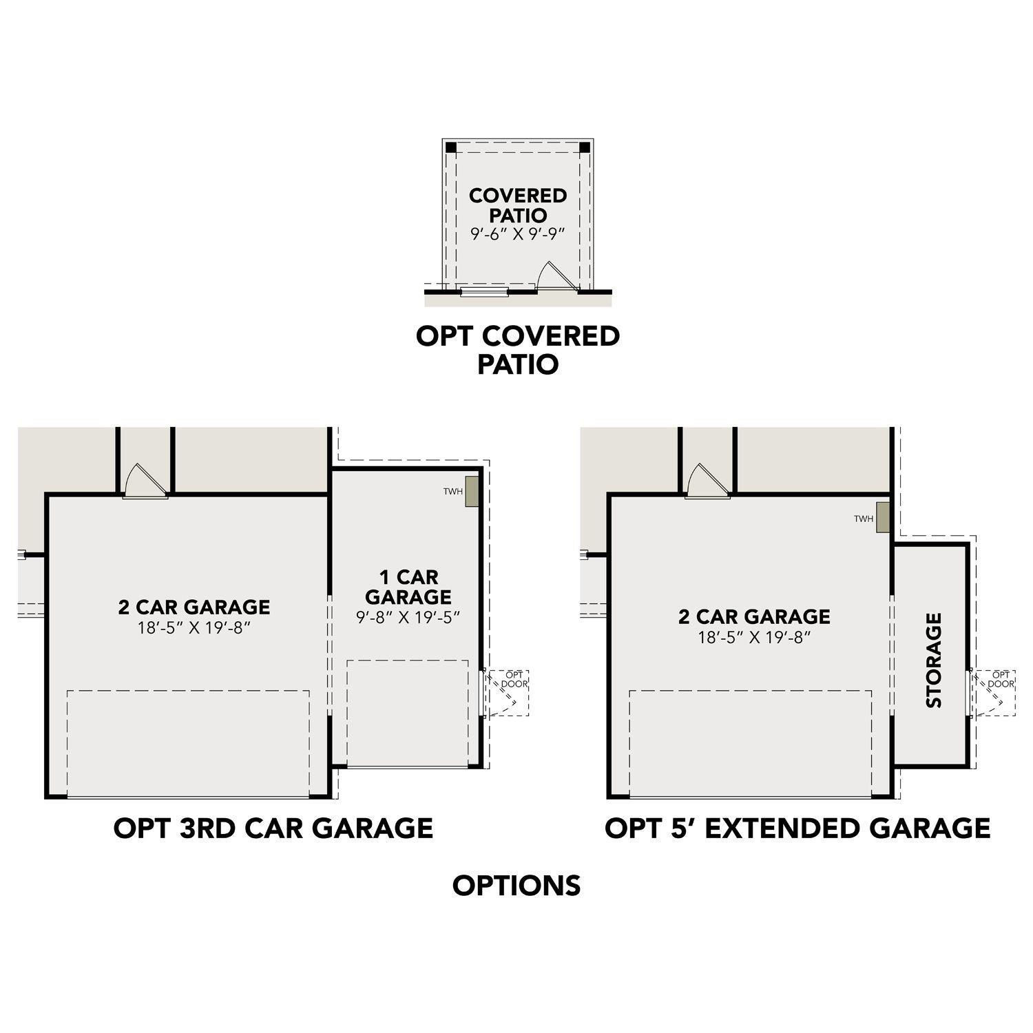 Floor plan diagrams of optional covered patio, 2-car garage, 3rd car addition, and extended storage for The Colorado G in Conroe, Texas