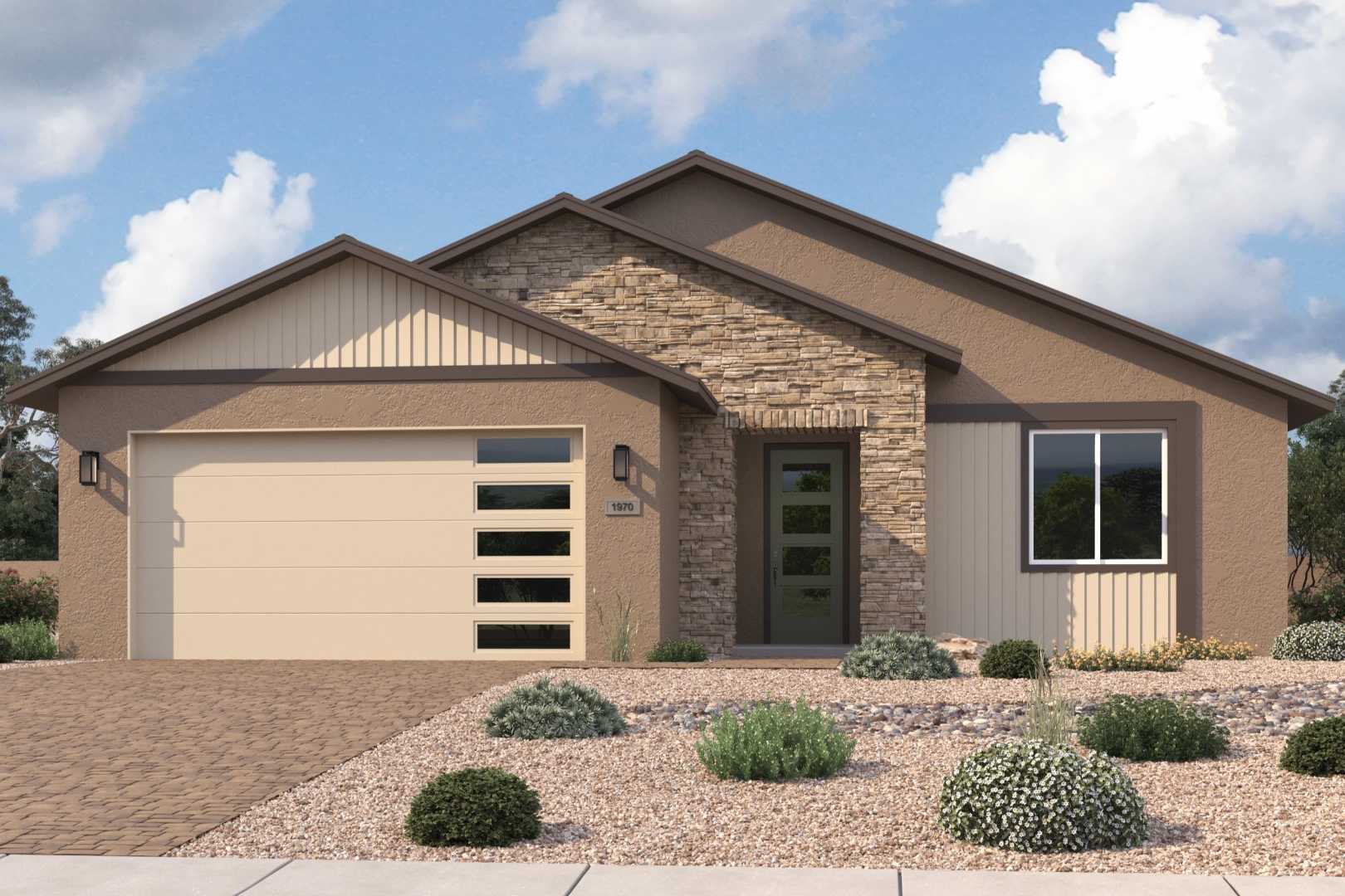 Modern single-story The Sheridan II home exterior featuring stone accents, beige siding, 2-car garage, and desert landscaping in Prescott, Arizona