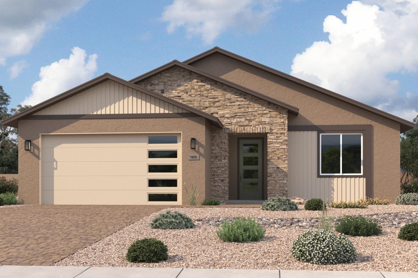 Modern single-story The Sheridan II home exterior featuring stone accents, beige siding, 2-car garage, and desert landscaping in Prescott, Arizona