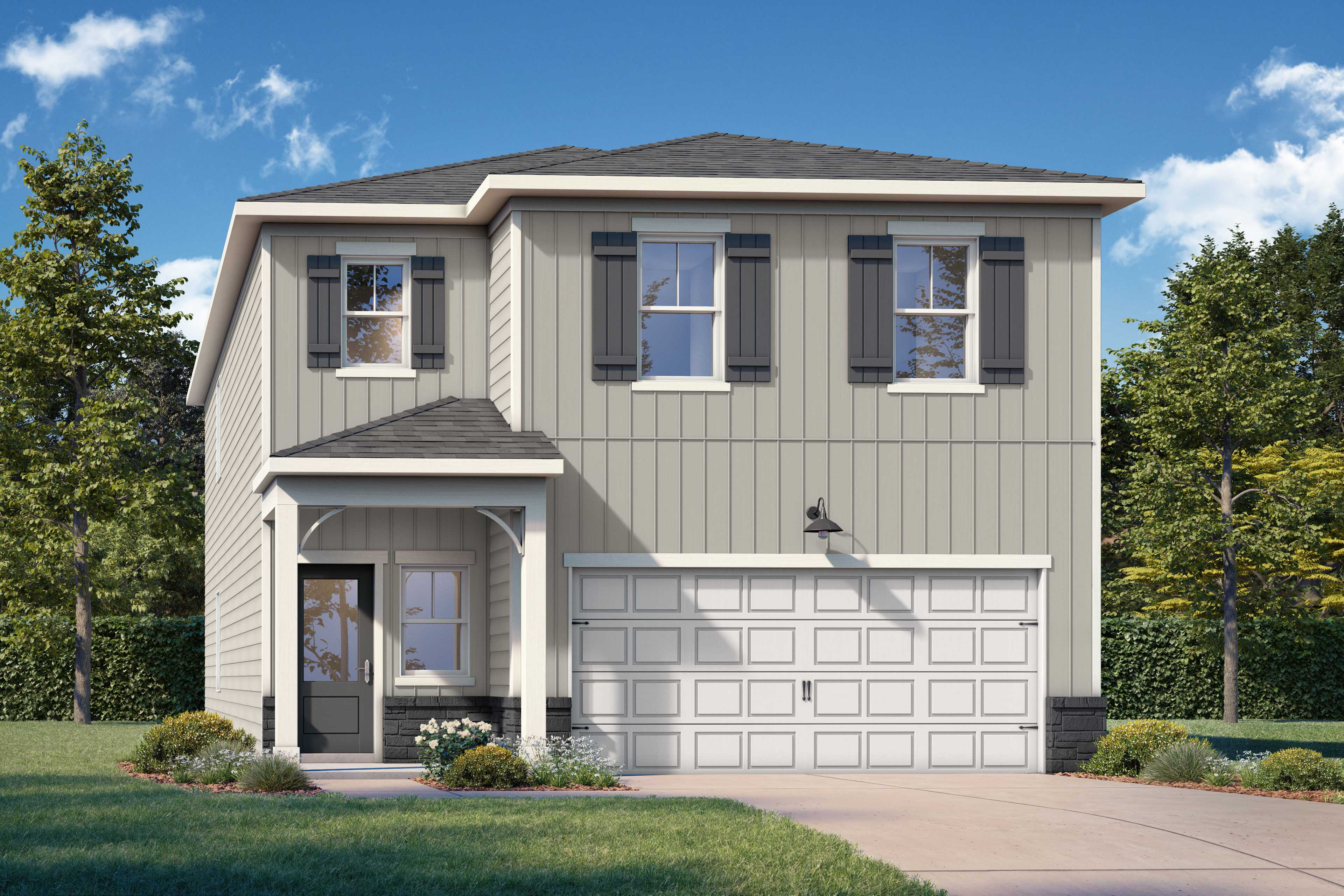 Two-story Russell C home elevation with gray siding, black shutters, covered porch, and white two-car garage amid lush landscaping